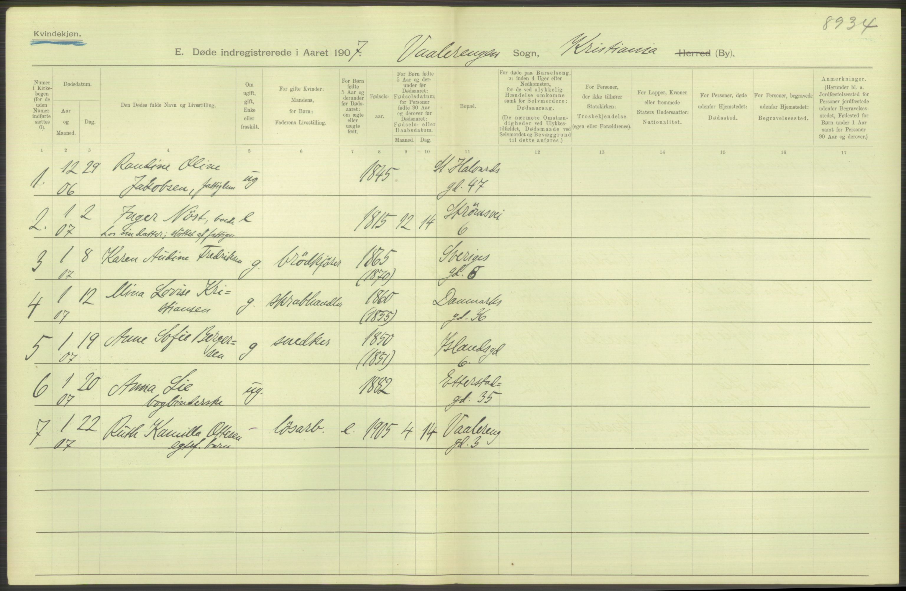 Statistisk sentralbyrå, Sosiodemografiske emner, Befolkning, AV/RA-S-2228/D/Df/Dfa/Dfae/L0009: Kristiania: Døde, 1907, s. 524