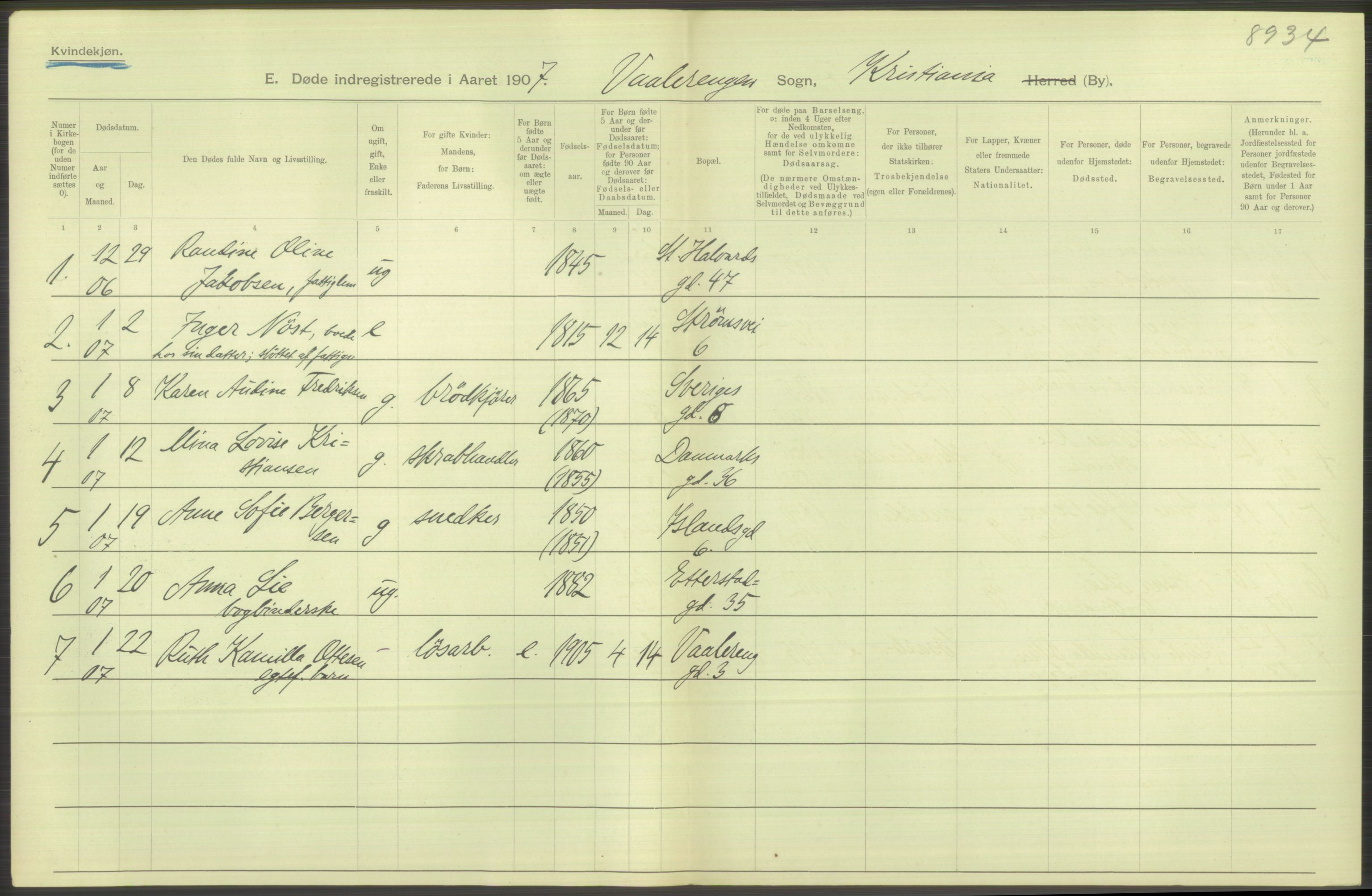 Statistisk sentralbyrå, Sosiodemografiske emner, Befolkning, RA/S-2228/D/Df/Dfa/Dfae/L0009: Kristiania: Døde, 1907, s. 524