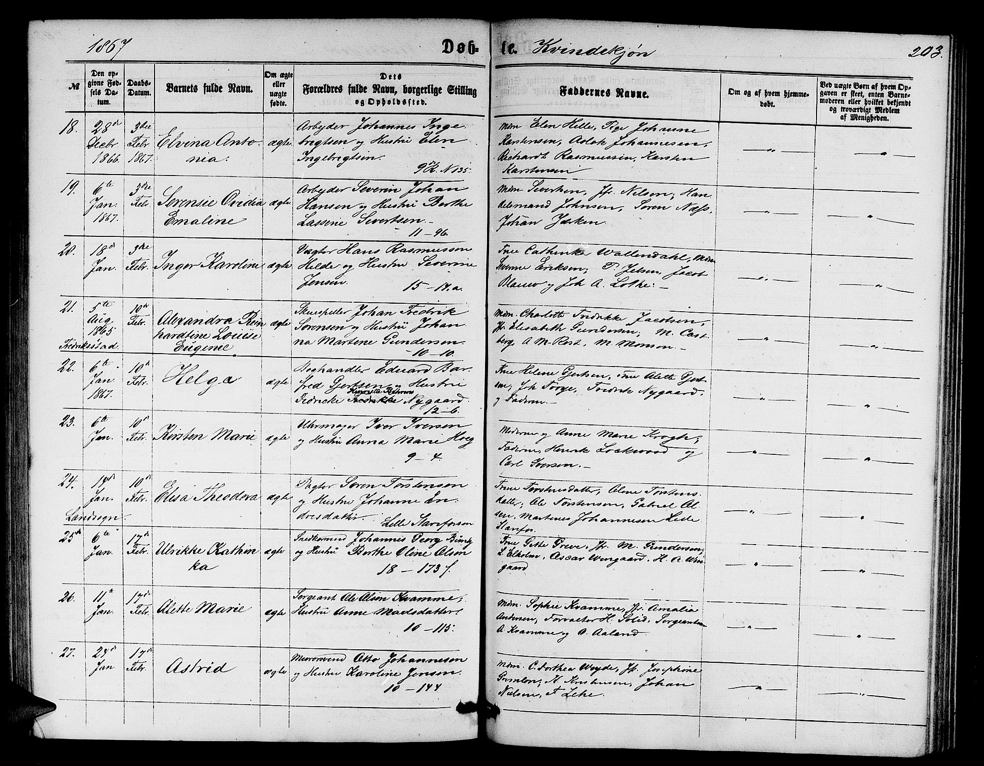 Domkirken sokneprestembete, AV/SAB-A-74801/H/Hab/L0012: Klokkerbok nr. B 5, 1862-1869, s. 203
