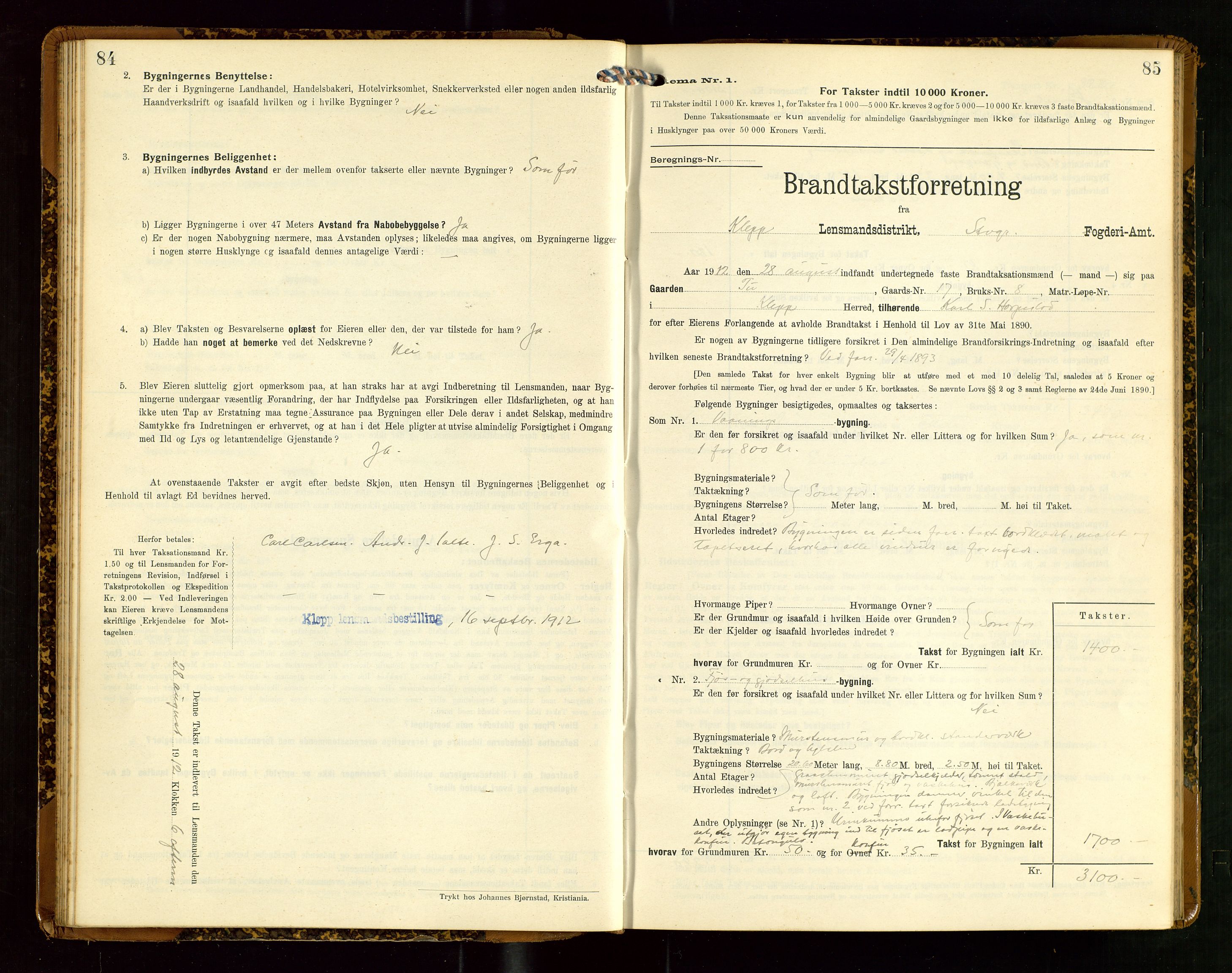 Klepp lensmannskontor, AV/SAST-A-100163/Goc/L0007: "Brandtaxationsprotokol" m/register, 1911-1915, s. 84-85