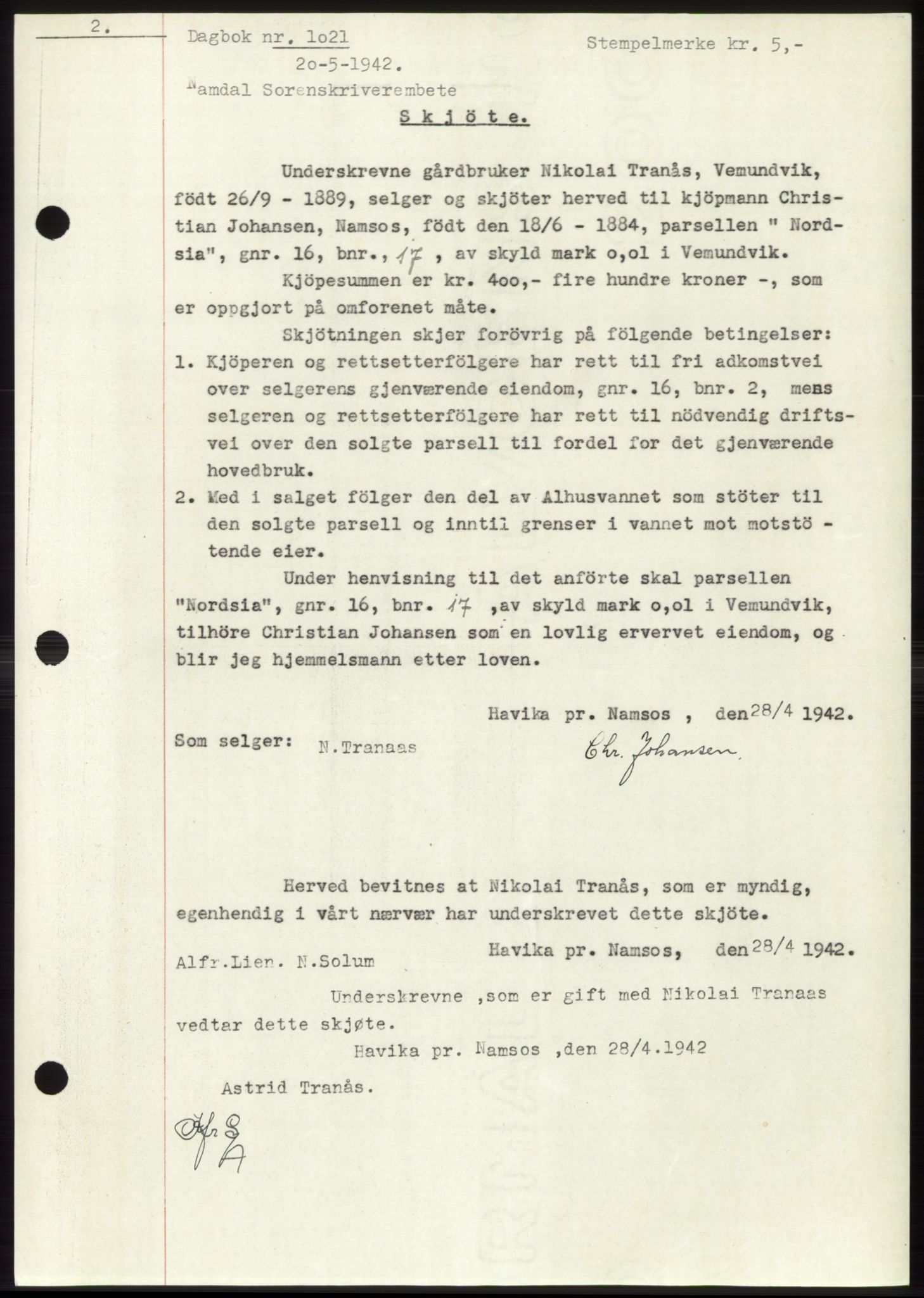 Namdal sorenskriveri, SAT/A-4133/1/2/2C: Pantebok nr. -, 1941-1942, Dagboknr: 1021/1942
