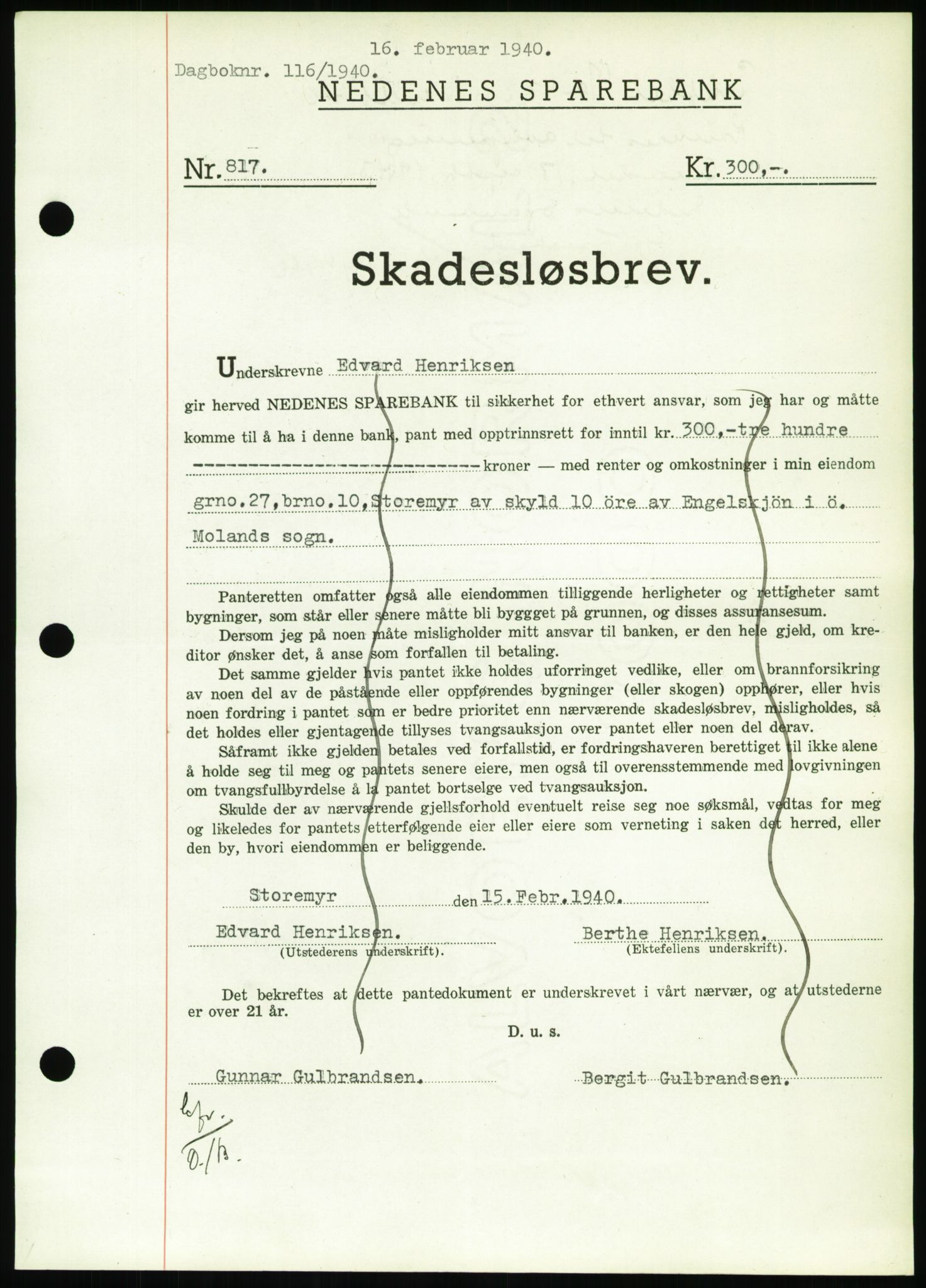 Nedenes sorenskriveri, SAK/1221-0006/G/Gb/Gbb/L0001: Pantebok nr. I, 1939-1942, Dagboknr: 116/1940