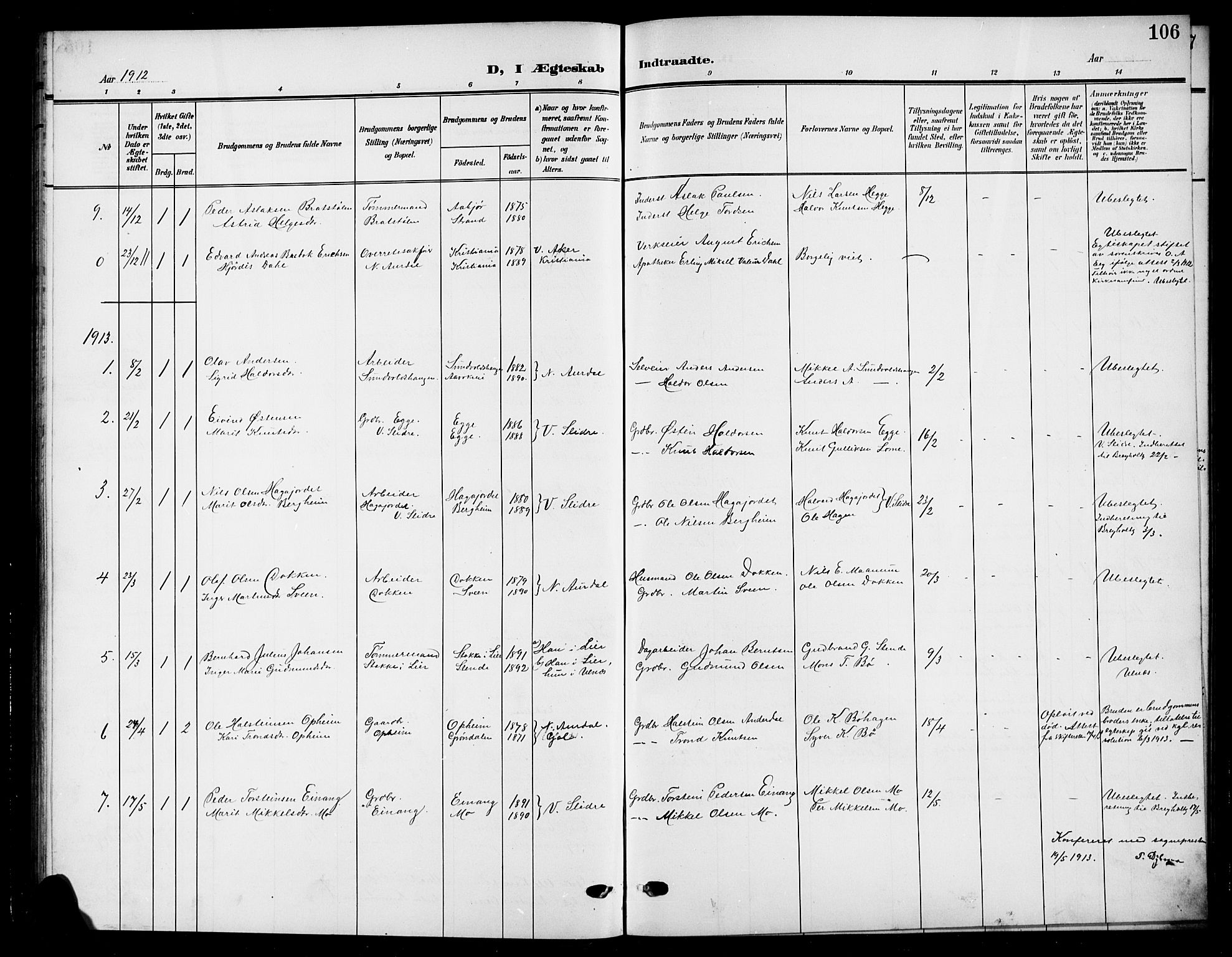 Nord-Aurdal prestekontor, SAH/PREST-132/H/Ha/Hab/L0012: Klokkerbok nr. 12, 1907-1920, s. 106