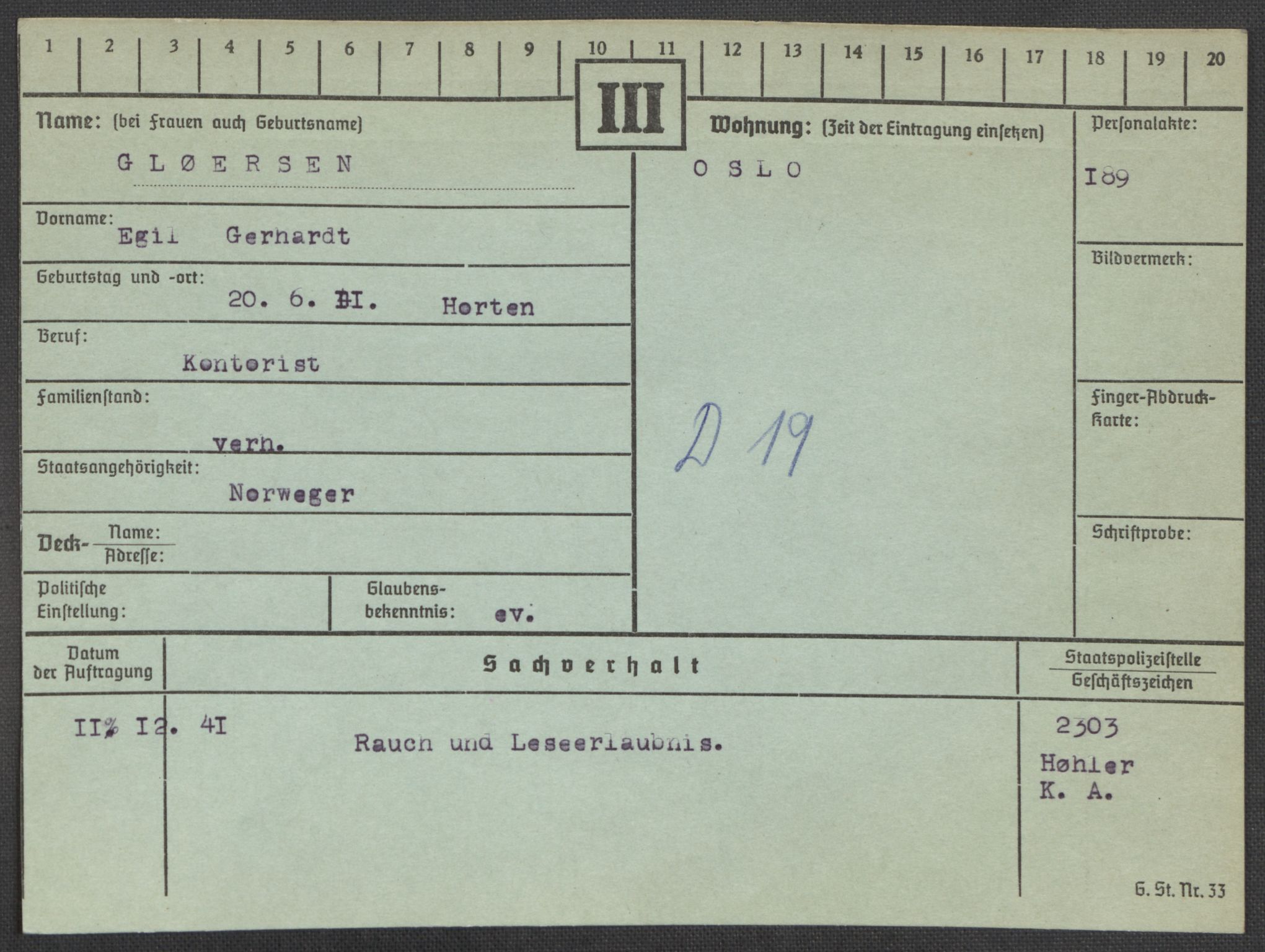 Befehlshaber der Sicherheitspolizei und des SD, RA/RAFA-5969/E/Ea/Eaa/L0003: Register over norske fanger i Møllergata 19: Eng-Hag, 1940-1945, s. 881