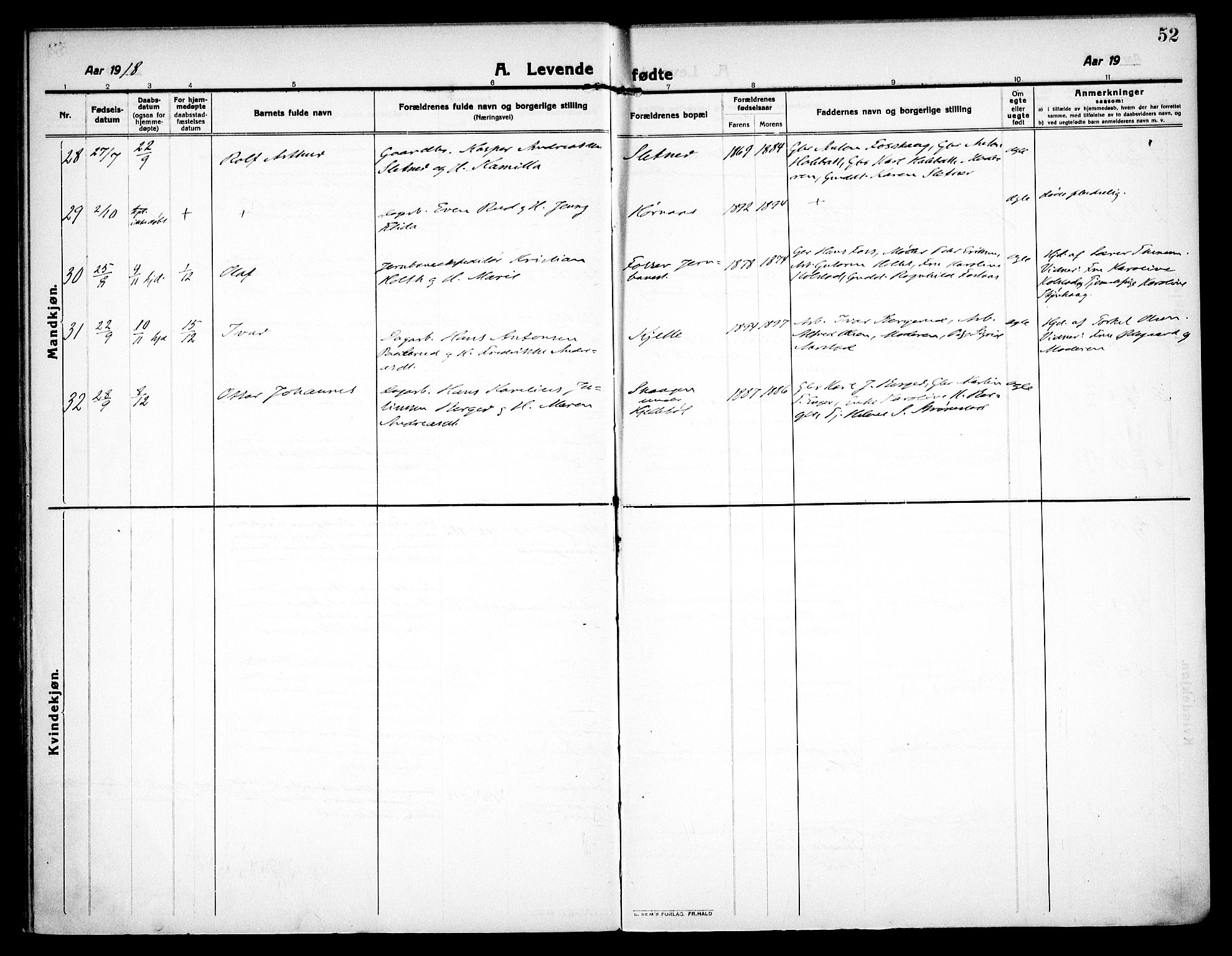 Høland prestekontor Kirkebøker, AV/SAO-A-10346a/F/Fa/L0016: Ministerialbok nr. I 16, 1912-1921, s. 52