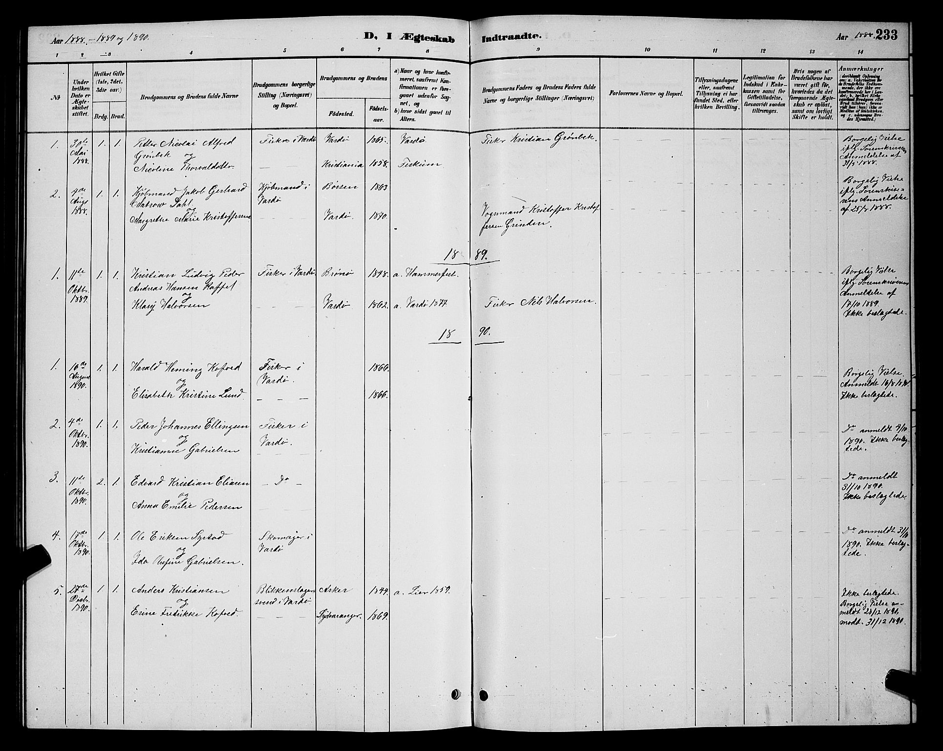 Vardø sokneprestkontor, AV/SATØ-S-1332/H/Hb/L0005klokker: Klokkerbok nr. 5, 1887-1892, s. 233