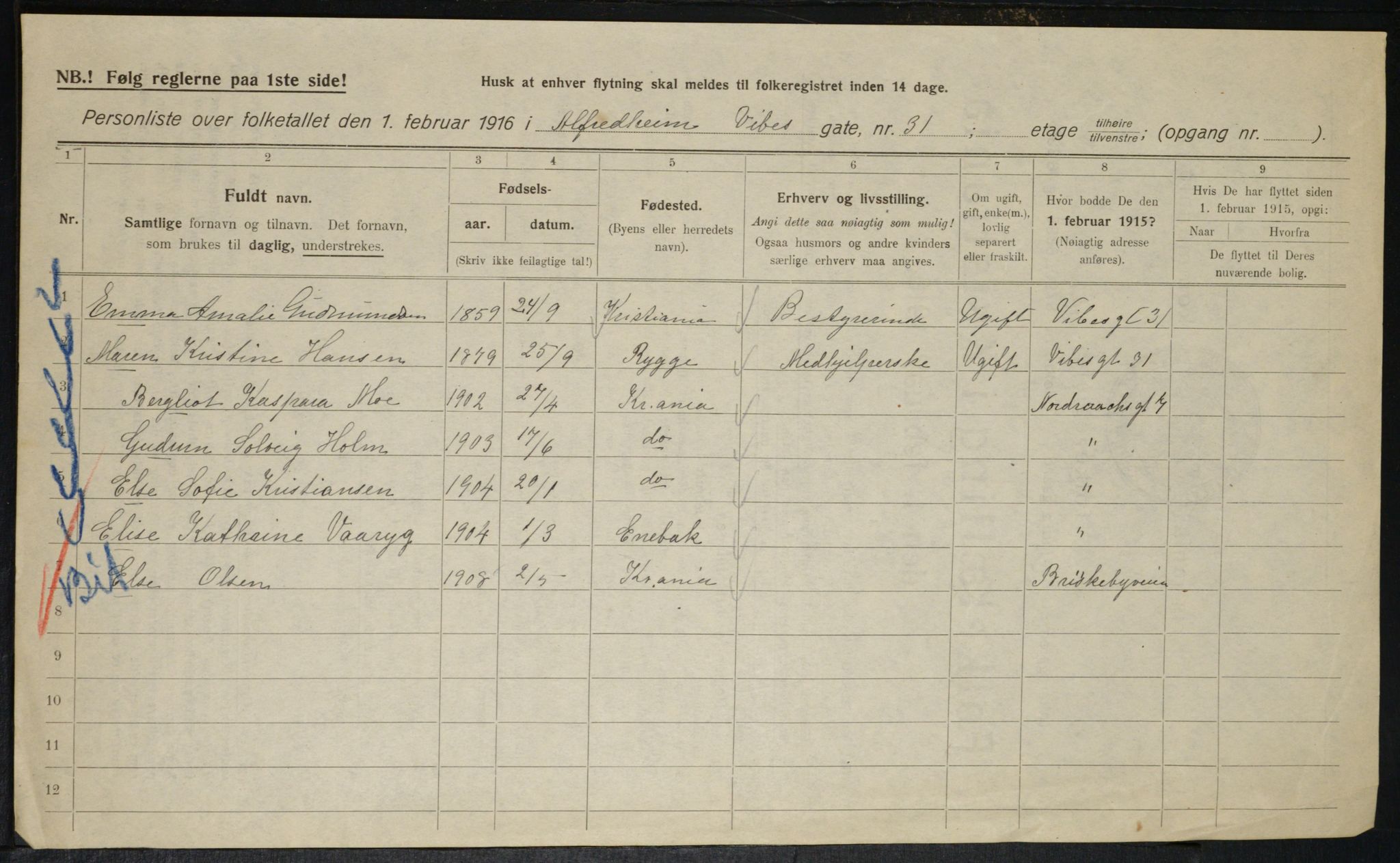 OBA, Kommunal folketelling 1.2.1916 for Kristiania, 1916, s. 127197