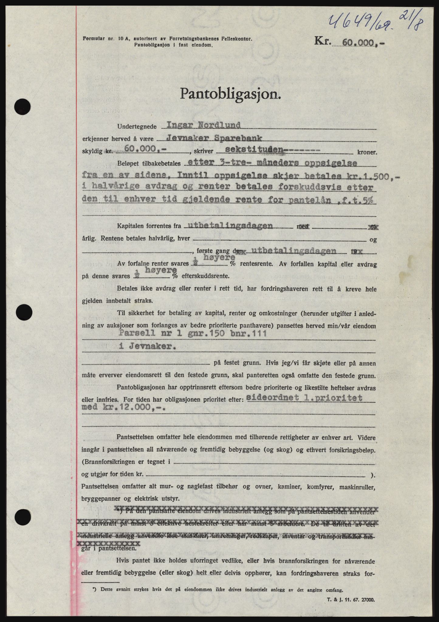 Hadeland og Land tingrett, SAH/TING-010/H/Hb/Hbc/L0074: Pantebok nr. B74, 1969-1969, Dagboknr: 4649/1969