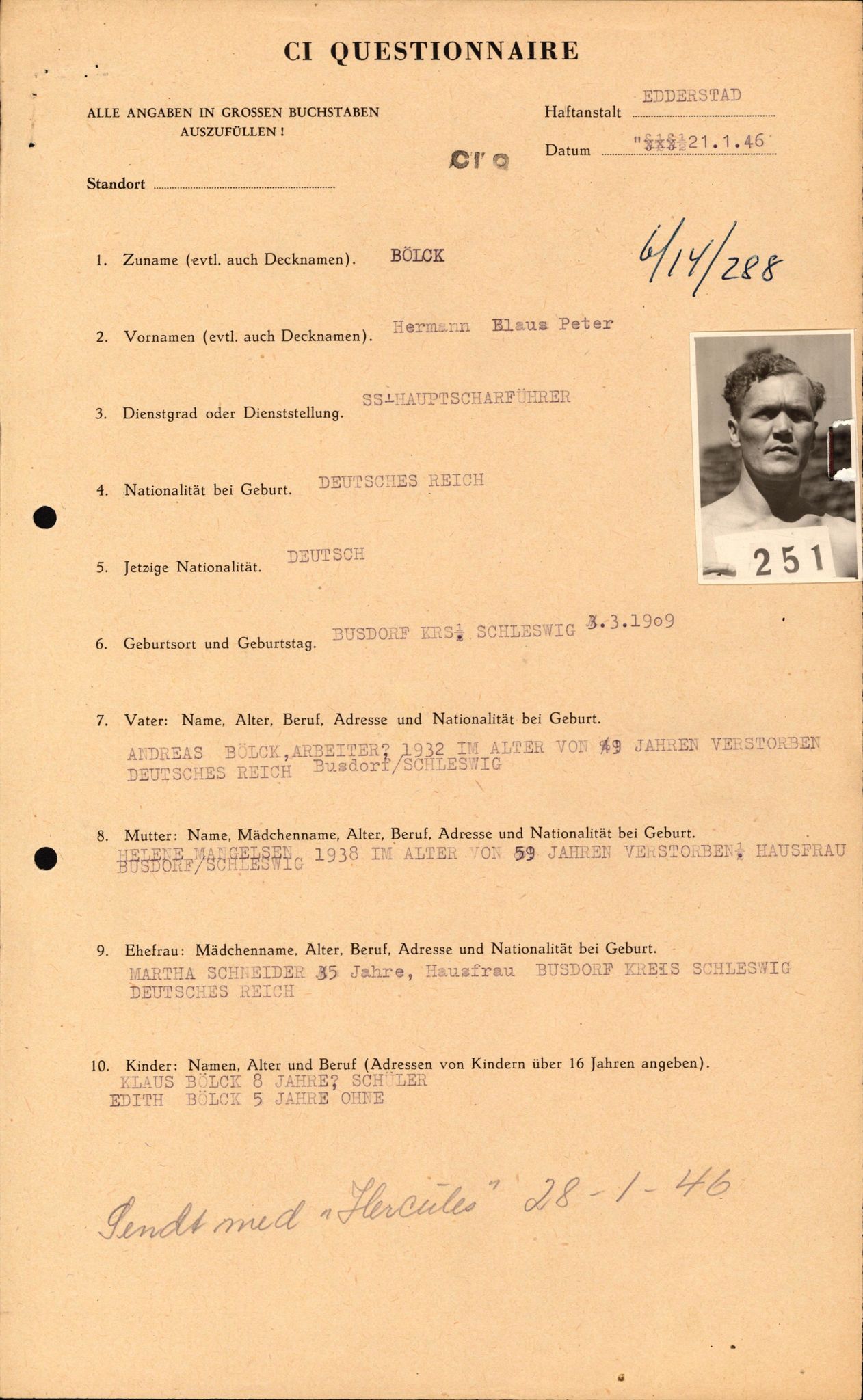 Forsvaret, Forsvarets overkommando II, RA/RAFA-3915/D/Db/L0005: CI Questionaires. Tyske okkupasjonsstyrker i Norge. Tyskere., 1945-1946, s. 131