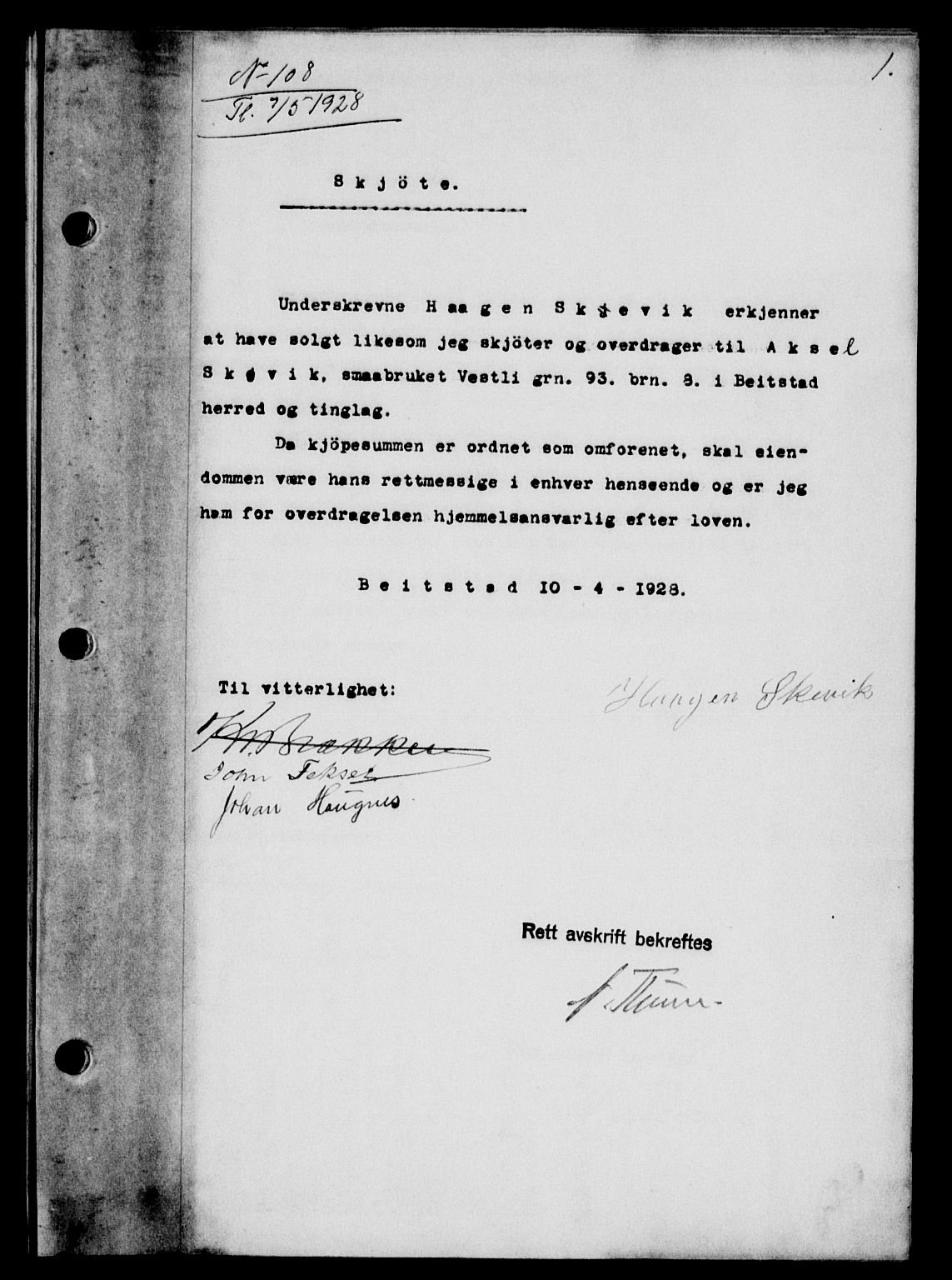 Inderøy sorenskriveri, SAT/A-4147/1/2/2C/L0065: Pantebok nr. 51, 1928-1928, Tingl.dato: 07.05.1928