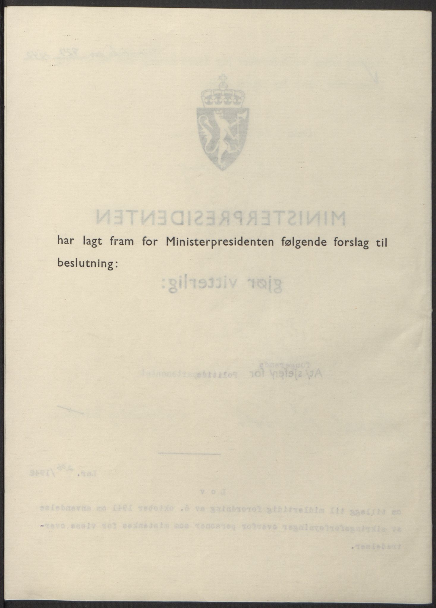 NS-administrasjonen 1940-1945 (Statsrådsekretariatet, de kommisariske statsråder mm), RA/S-4279/D/Db/L0098: Lover II, 1942, s. 449