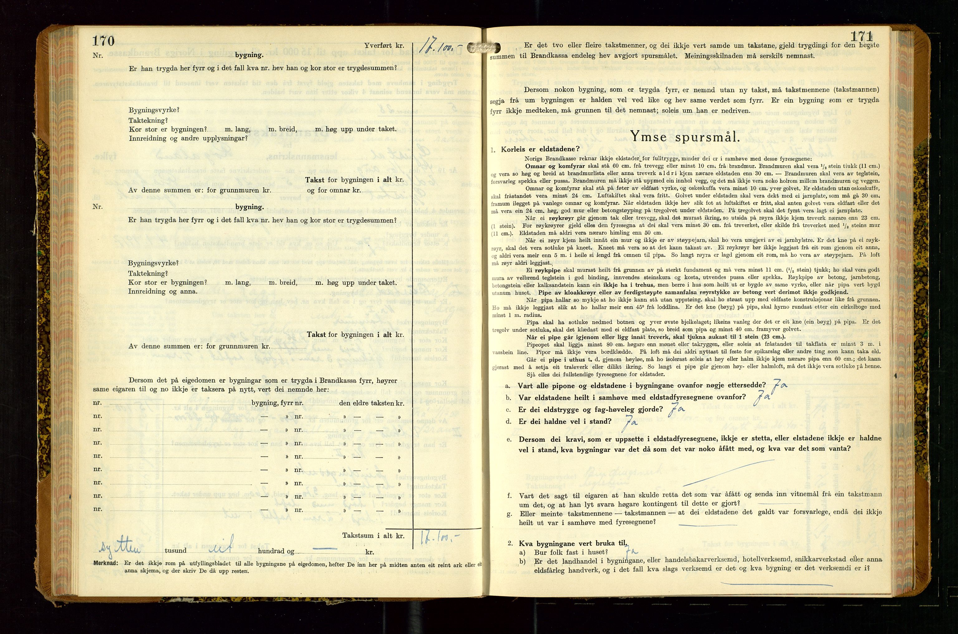 Gjesdal lensmannskontor, SAST/A-100441/Go/L0008: Branntakstskjemaprotokoll, 1937-1955, s. 170-171