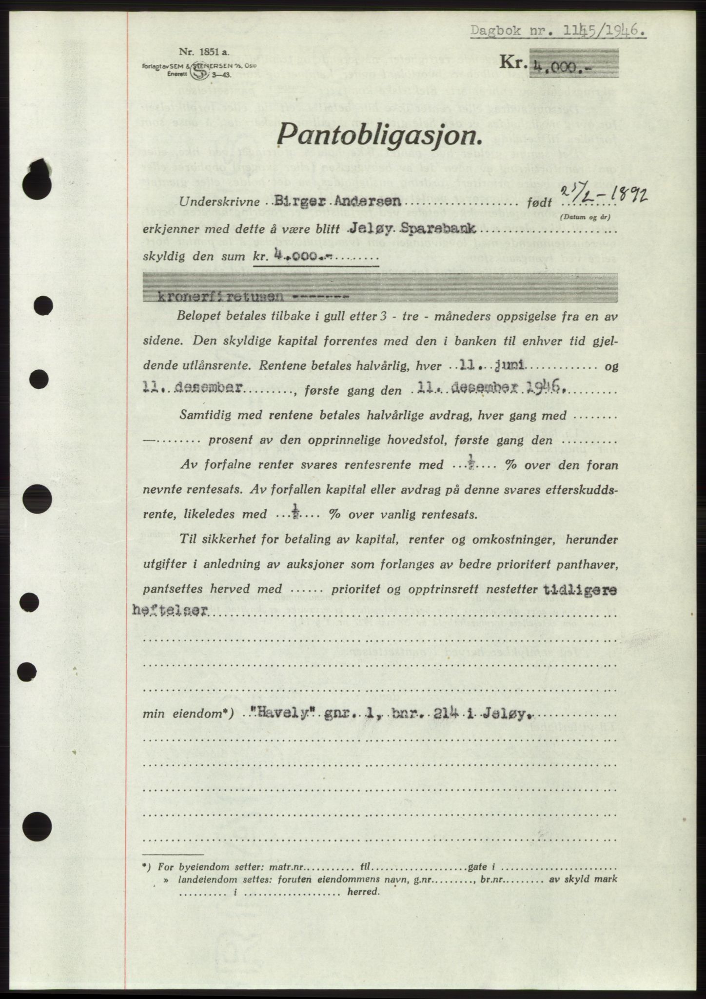 Moss sorenskriveri, SAO/A-10168: Pantebok nr. B15, 1946-1946, Dagboknr: 1145/1946