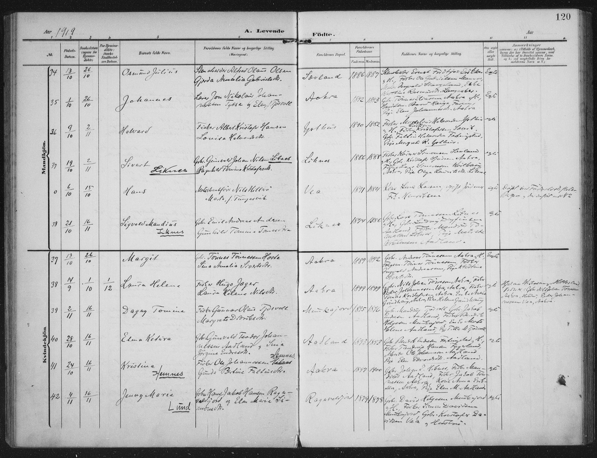 Kopervik sokneprestkontor, AV/SAST-A-101850/H/Ha/Haa/L0005: Ministerialbok nr. A 5, 1906-1924, s. 120