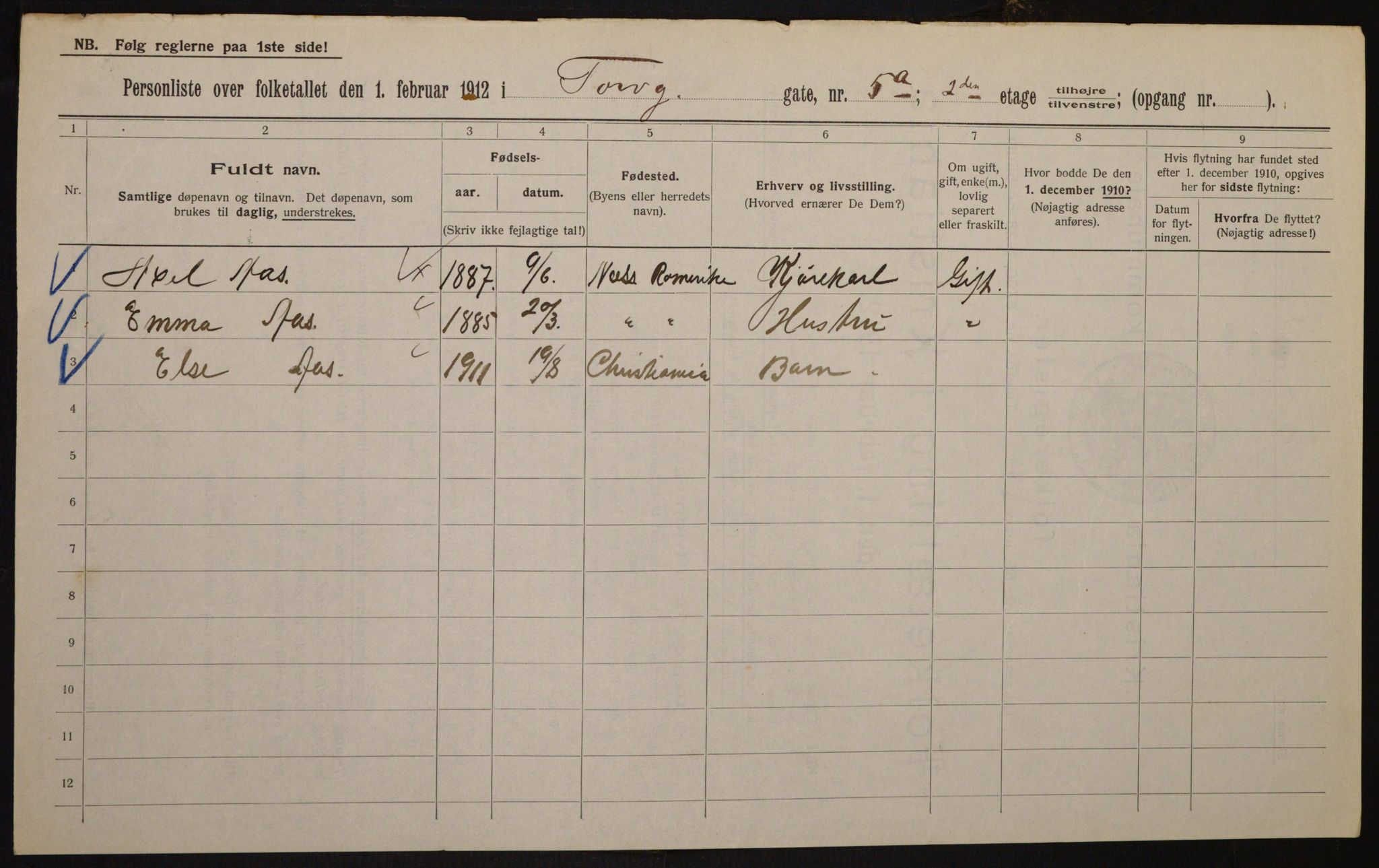 OBA, Kommunal folketelling 1.2.1912 for Kristiania, 1912, s. 113901