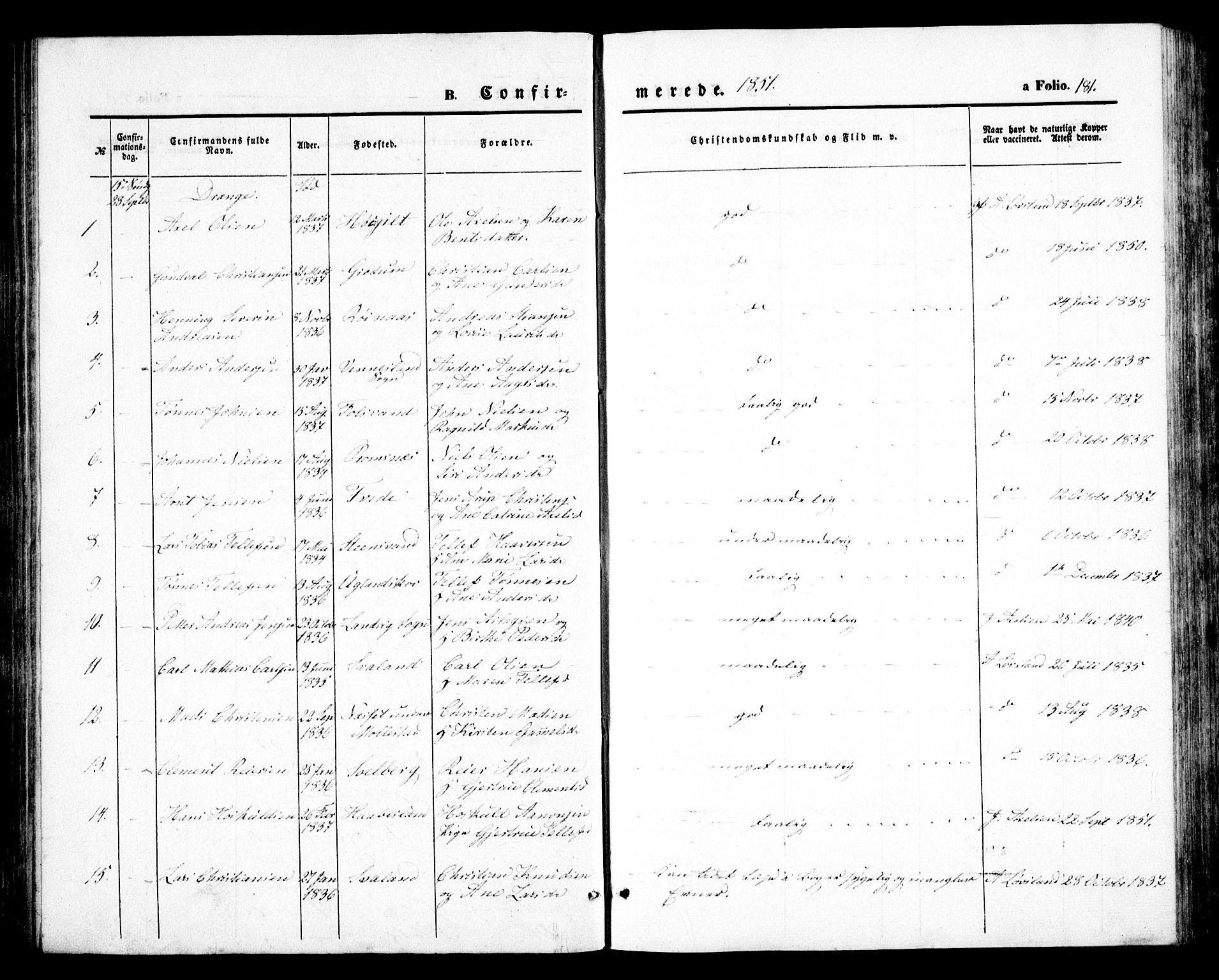 Birkenes sokneprestkontor, SAK/1111-0004/F/Fb/L0002: Klokkerbok nr. B 2, 1849-1876, s. 181