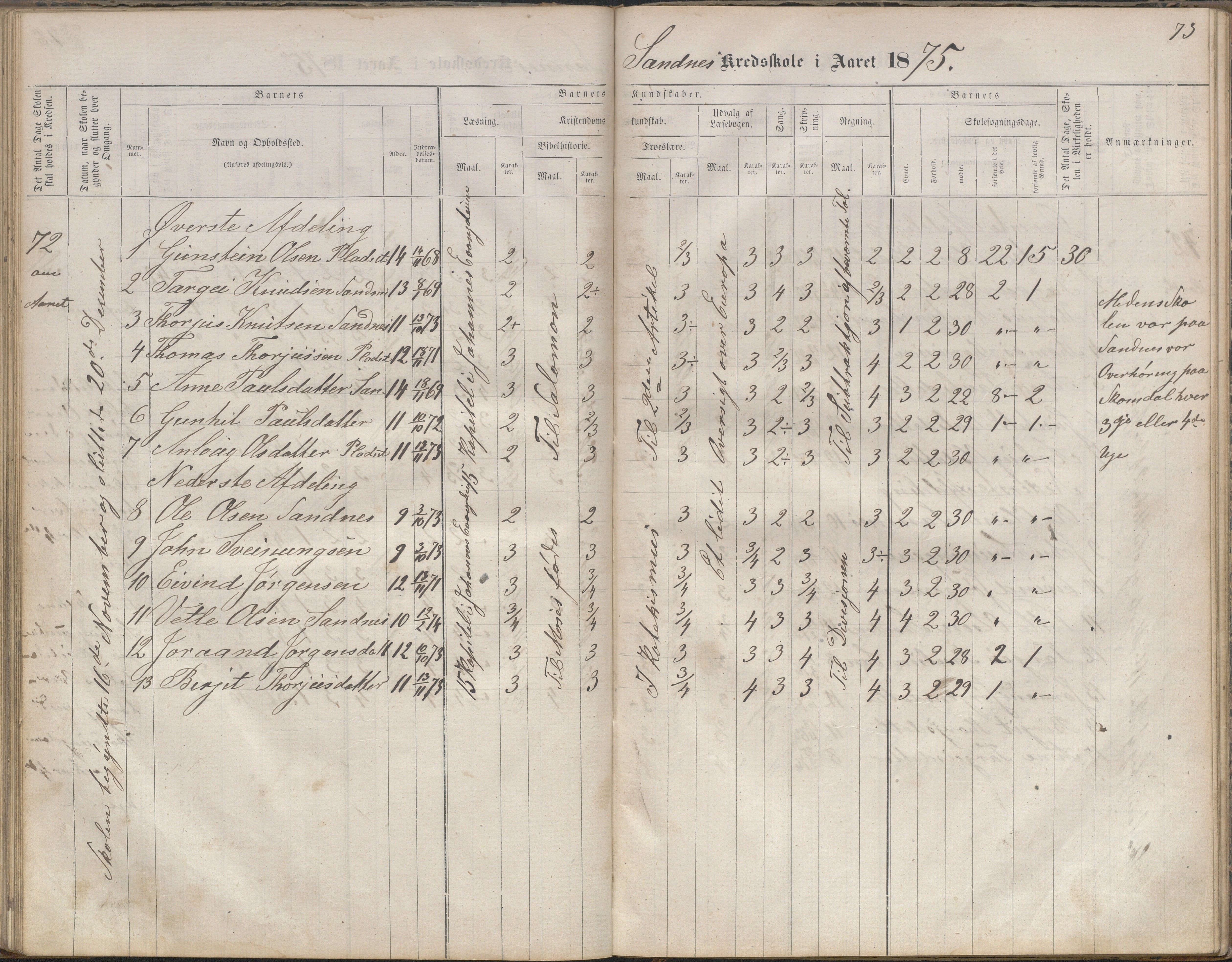 Bygland kommune, Skulekrinsar i Midt-Bygland, AAKS/KA0938-550b/F2/L0003: Skuleprotokoll Sandnes, Skomedal og Frøysnes, 1863-1886, s. 73