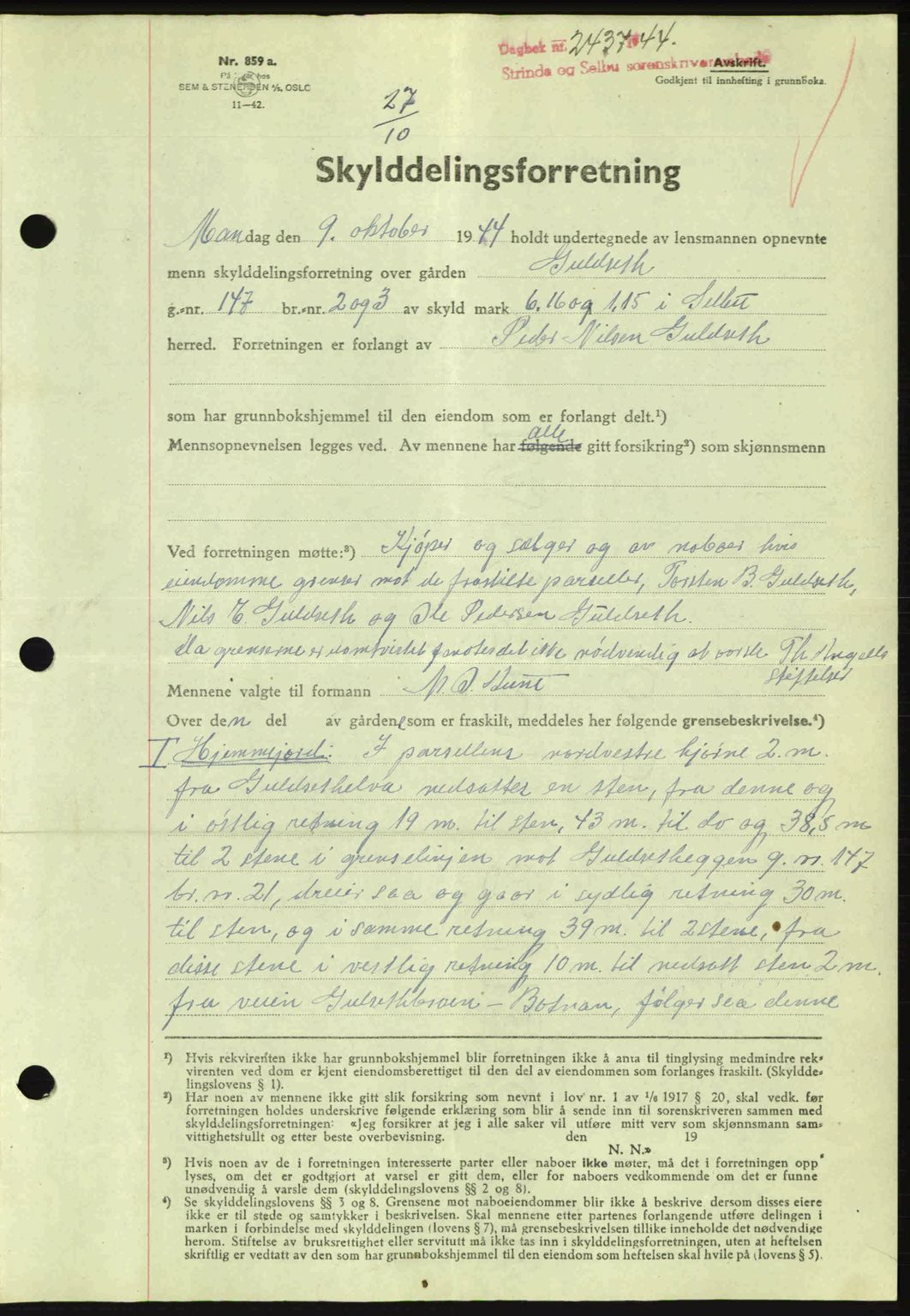 Strinda og Selbu sorenskriveri, SAT/A-0015/2/2C: Pantebok nr. A9, 1944-1945, Dagboknr: 2437/1944