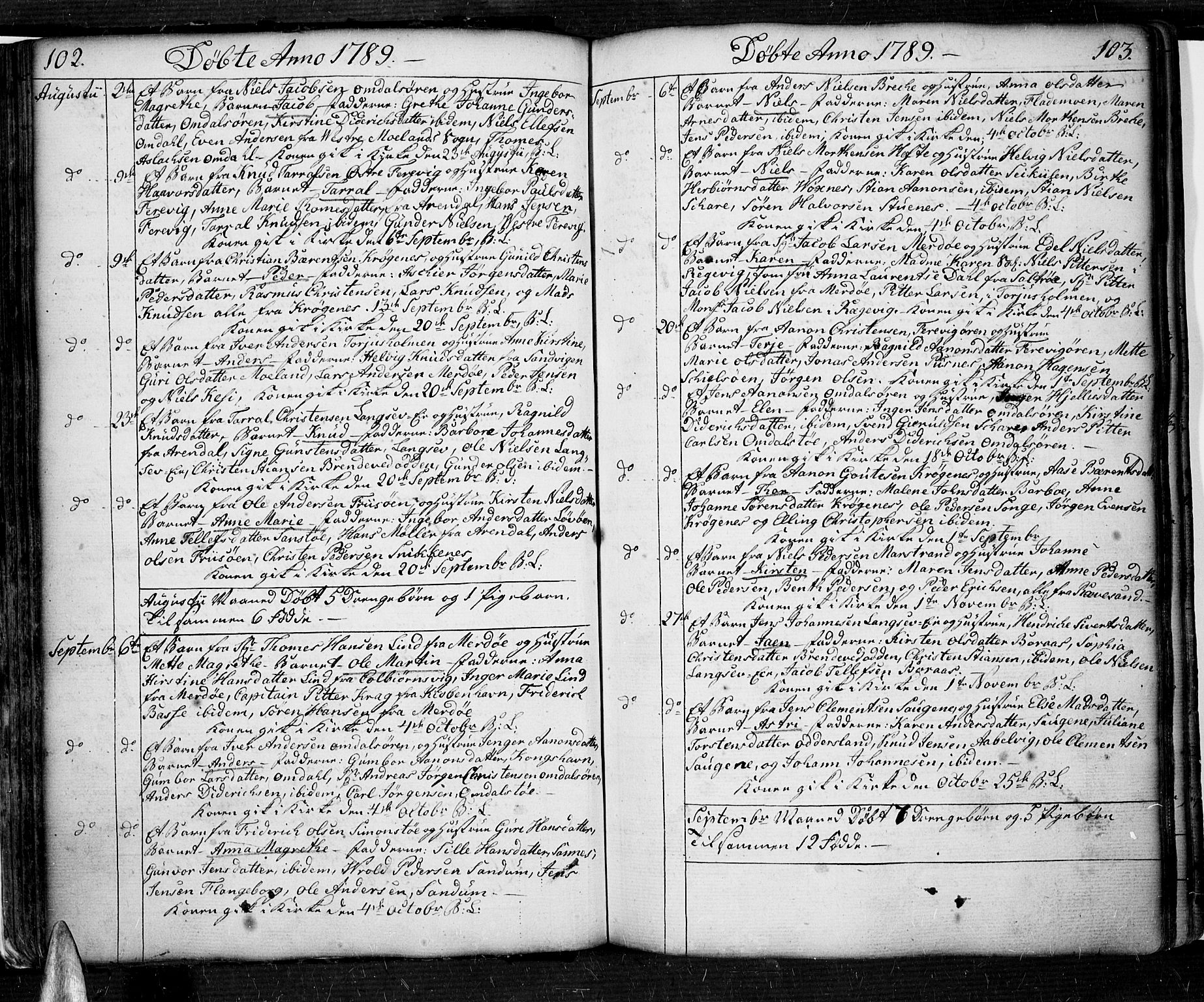 Tromøy sokneprestkontor, AV/SAK-1111-0041/F/Fa/L0002: Ministerialbok nr. A 2, 1773-1808, s. 102-103