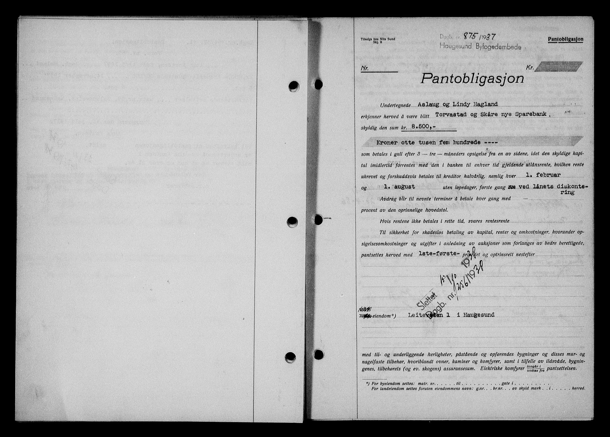 Haugesund tingrett, SAST/A-101415/01/II/IIC/L0031: Pantebok nr. 31, 1936-1938, Dagboknr: 875/1937
