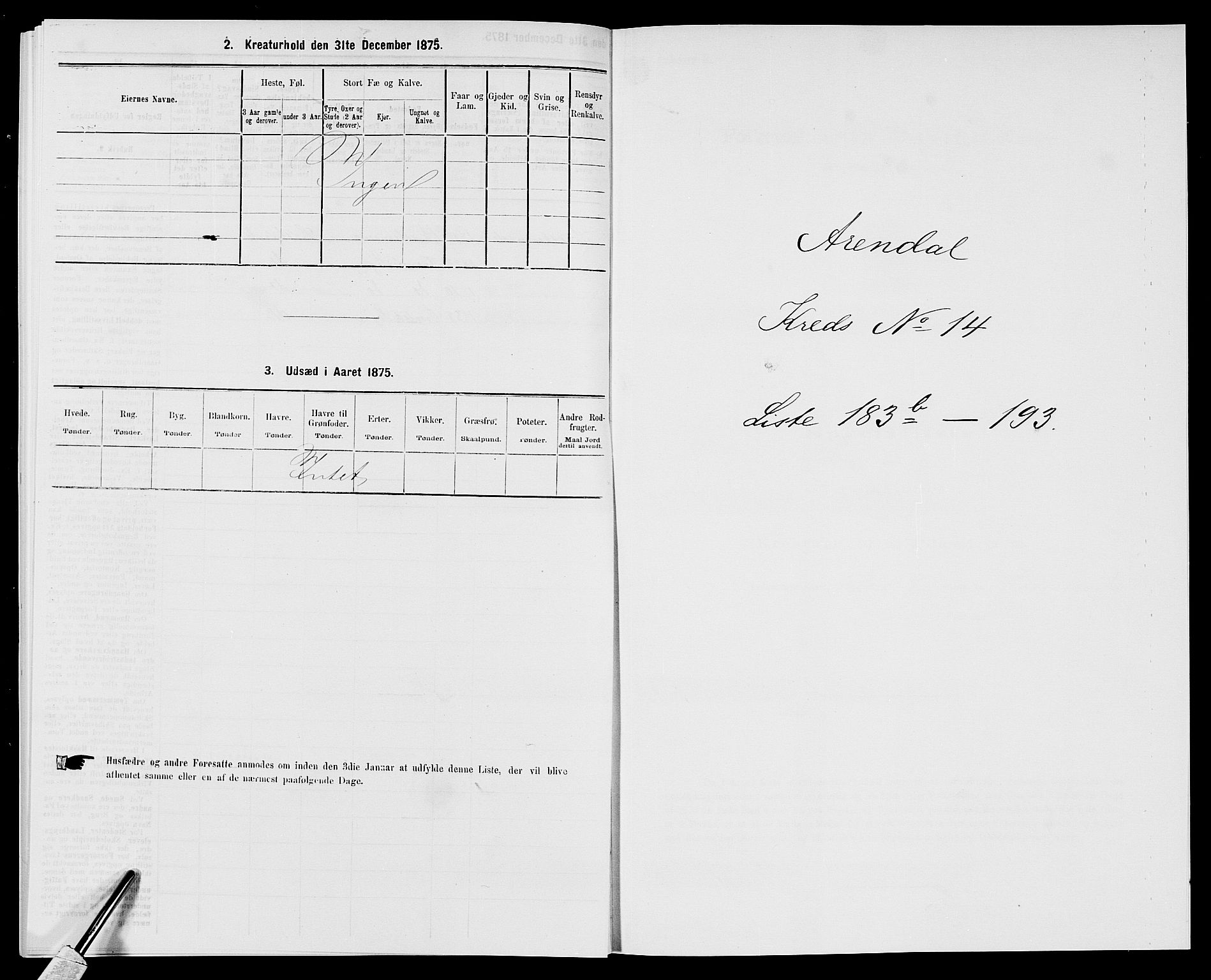 SAK, Folketelling 1875 for 0903P Arendal prestegjeld, 1875, s. 431