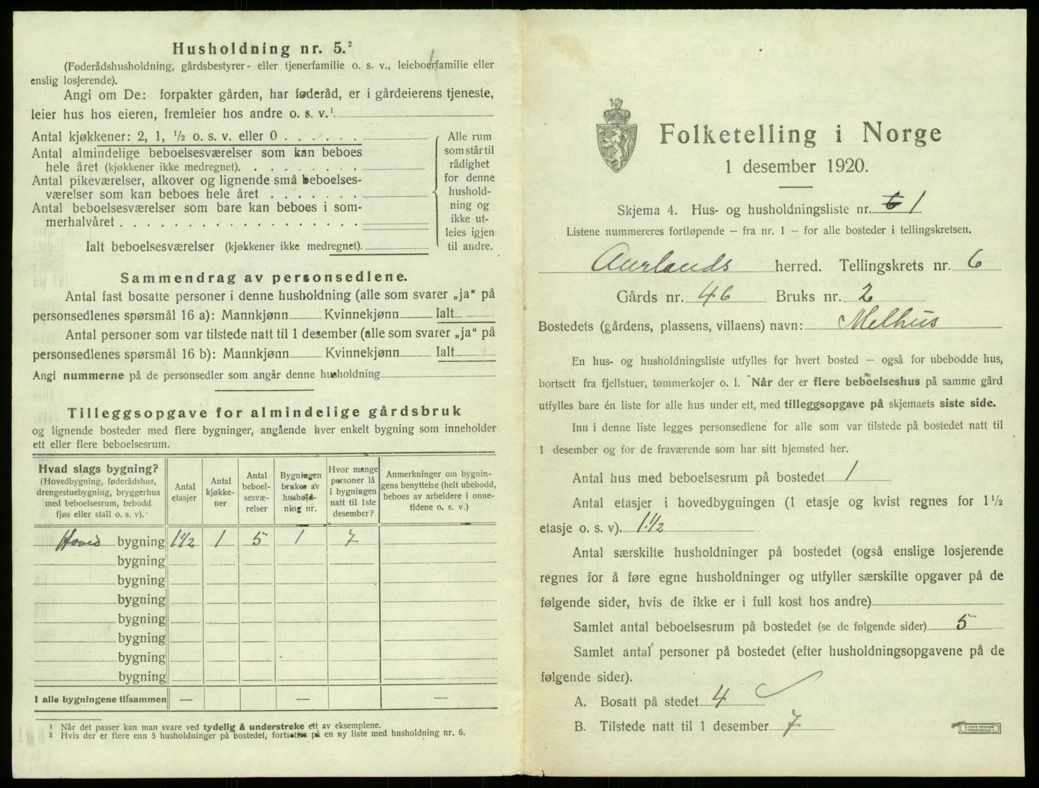 SAB, Folketelling 1920 for 1421 Aurland herred, 1920, s. 528