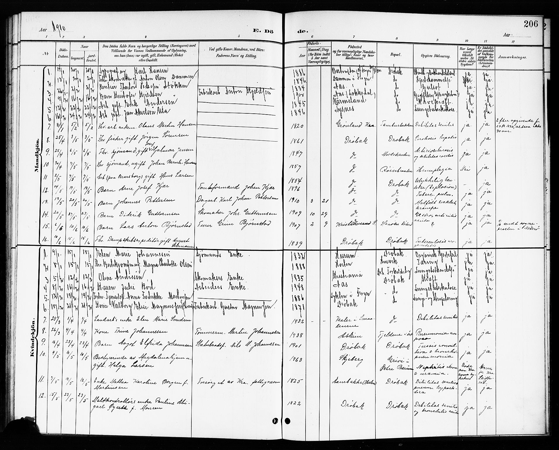 Drøbak prestekontor Kirkebøker, SAO/A-10142a/G/Ga/L0001: Klokkerbok nr. I 1, 1897-1917, s. 206