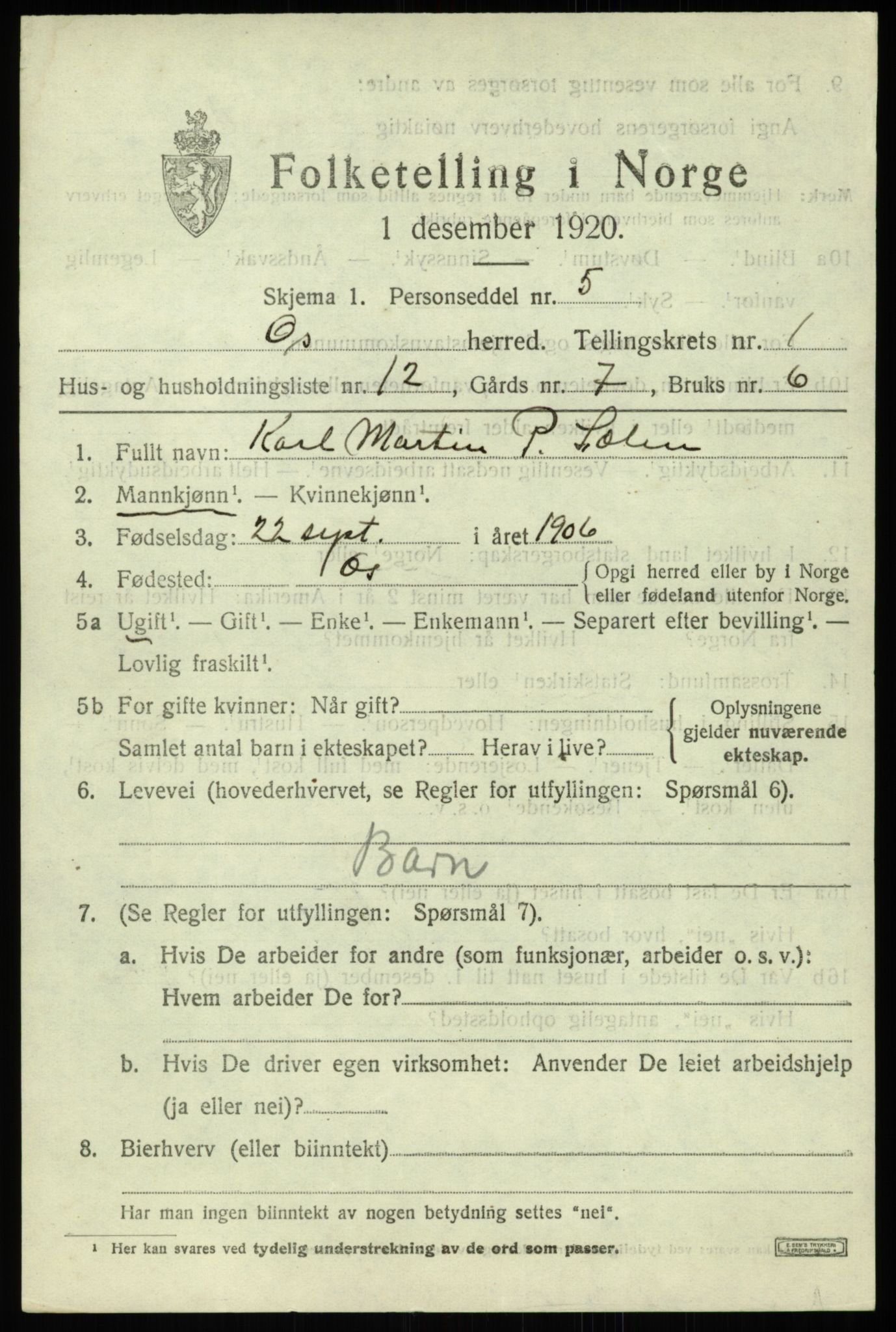 SAB, Folketelling 1920 for 1243 Os herred, 1920, s. 1316