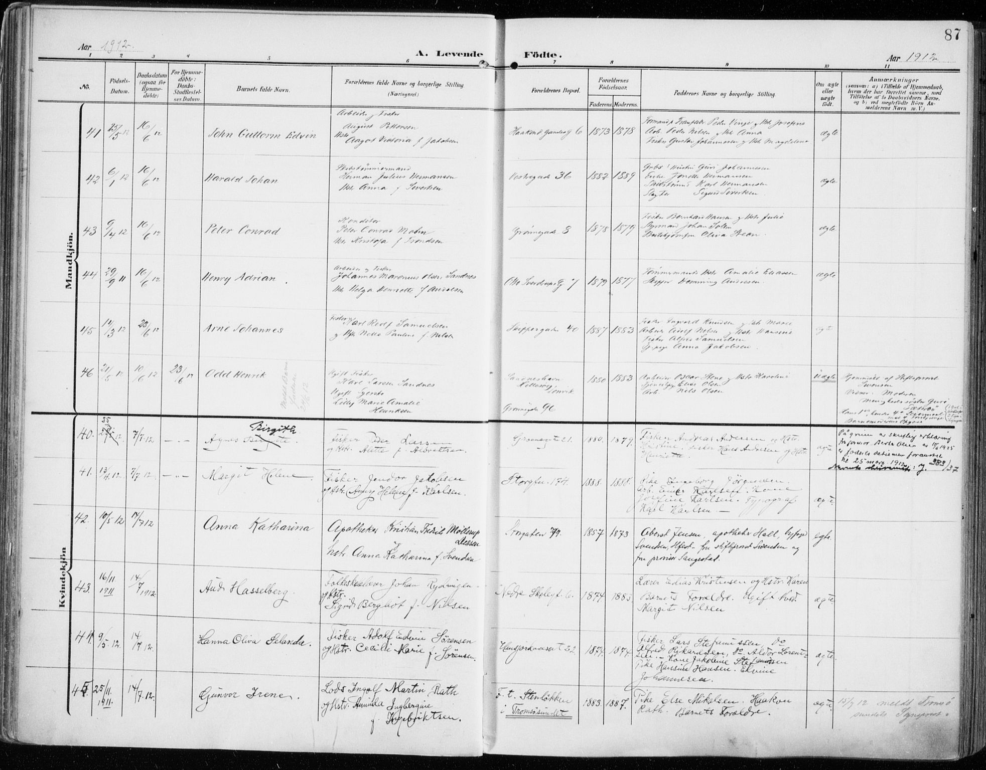 Tromsø sokneprestkontor/stiftsprosti/domprosti, AV/SATØ-S-1343/G/Ga/L0017kirke: Ministerialbok nr. 17, 1907-1917, s. 87