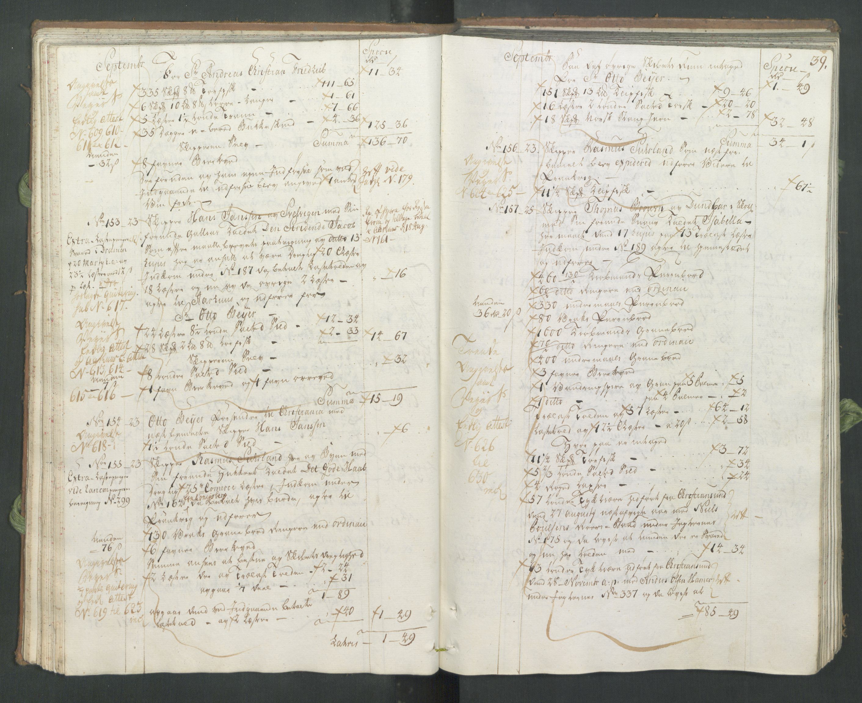 Generaltollkammeret, tollregnskaper, AV/RA-EA-5490/R33/L0065/0001: Tollregnskaper Trondheim A / Utgående hovedtollbok, 1760, s. 38b-39a