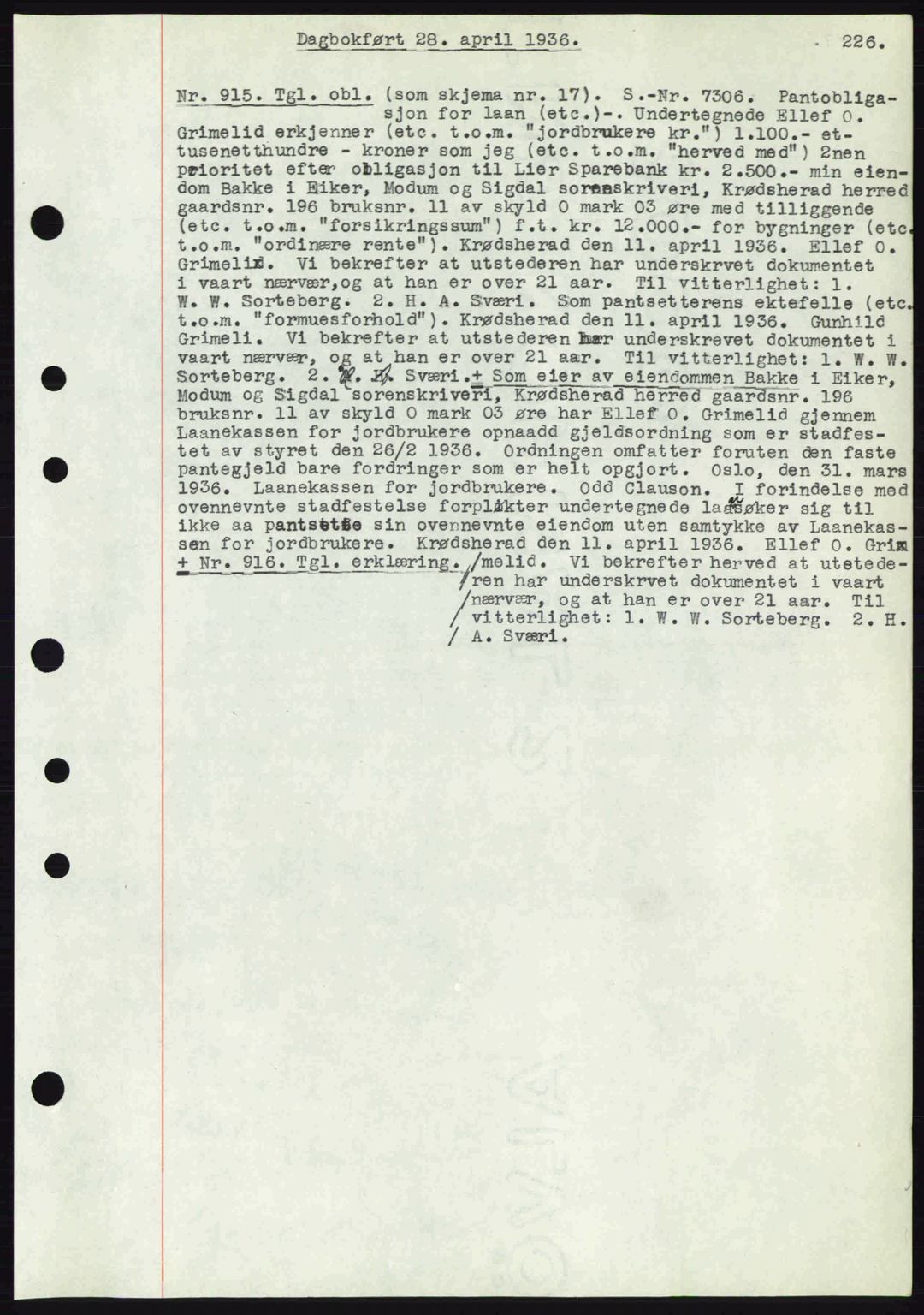 Eiker, Modum og Sigdal sorenskriveri, SAKO/A-123/G/Ga/Gab/L0032: Pantebok nr. A2, 1936-1936, Dagboknr: 915/1936