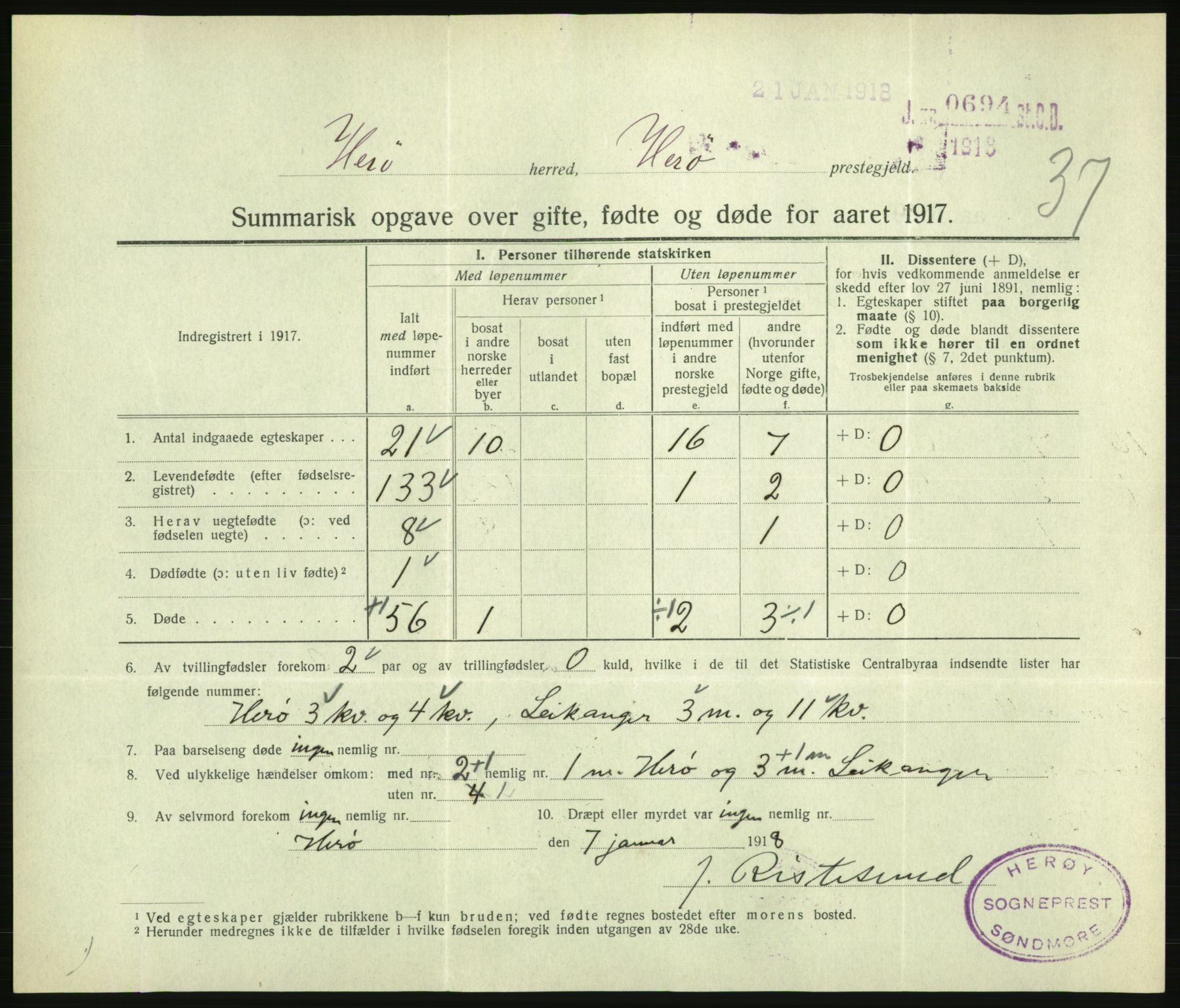 Statistisk sentralbyrå, Sosiodemografiske emner, Befolkning, AV/RA-S-2228/D/Df/Dfb/Dfbg/L0056: Summariske oppgaver over gifte, fødte og døde for hele landet., 1917, s. 1097