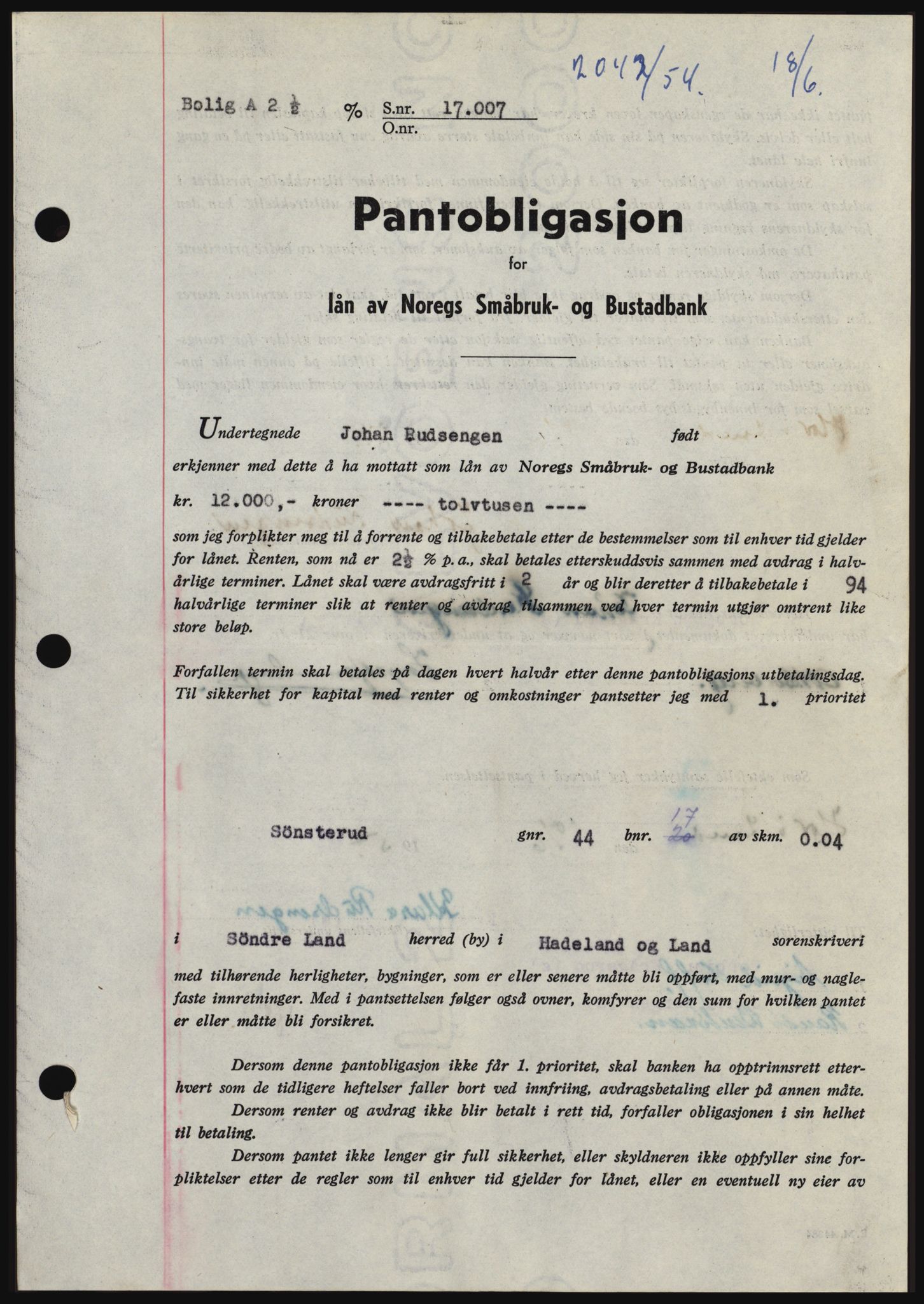 Hadeland og Land tingrett, SAH/TING-010/H/Hb/Hbc/L0030: Pantebok nr. B30, 1954-1954, Dagboknr: 2042/1954