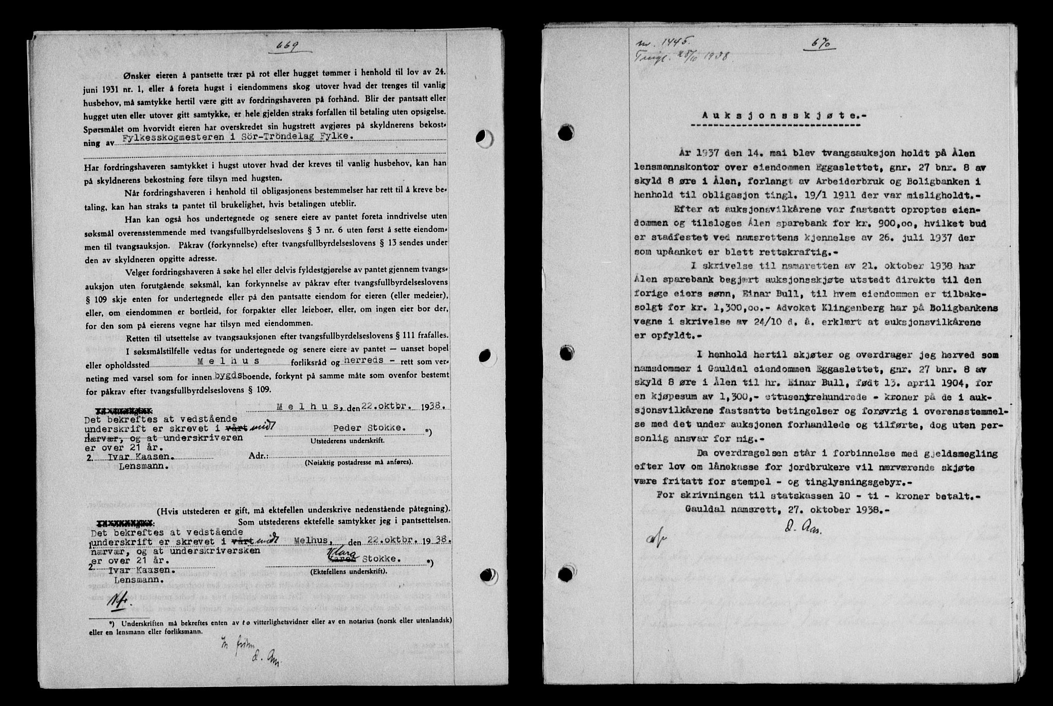 Gauldal sorenskriveri, SAT/A-0014/1/2/2C/L0049: Pantebok nr. 53, 1938-1938, Dagboknr: 1445/1938