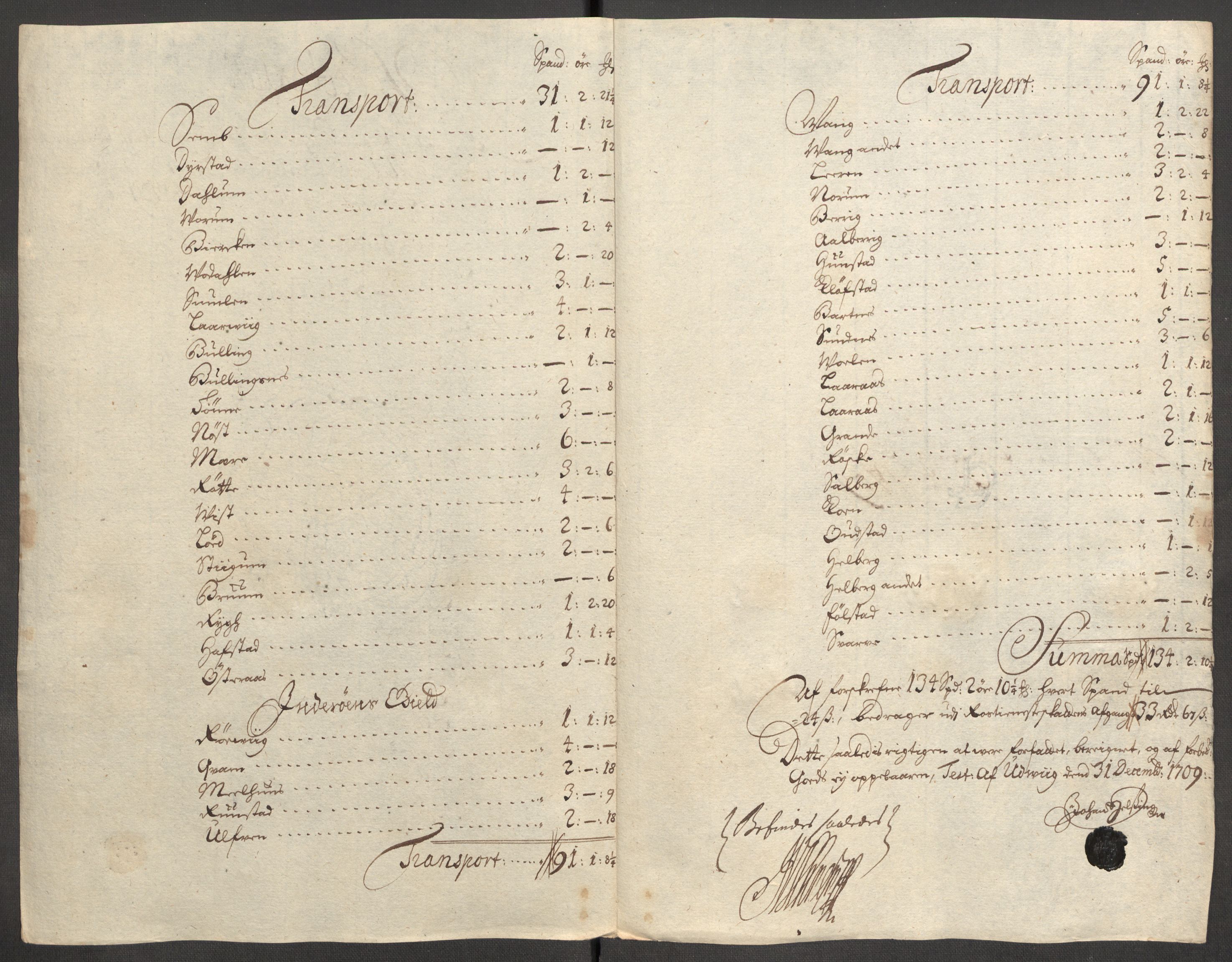 Rentekammeret inntil 1814, Reviderte regnskaper, Fogderegnskap, RA/EA-4092/R63/L4317: Fogderegnskap Inderøy, 1709, s. 233
