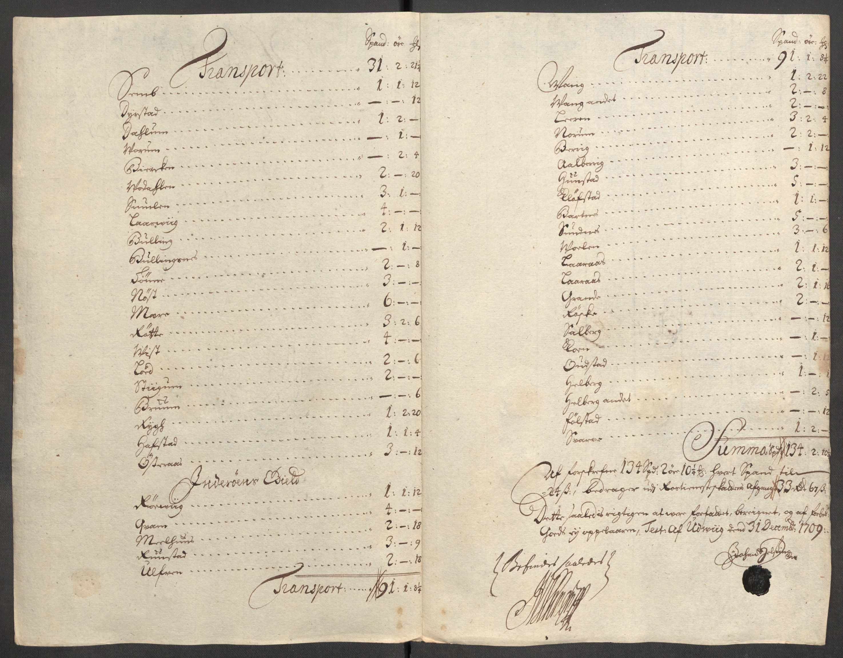 Rentekammeret inntil 1814, Reviderte regnskaper, Fogderegnskap, AV/RA-EA-4092/R63/L4317: Fogderegnskap Inderøy, 1709, s. 233