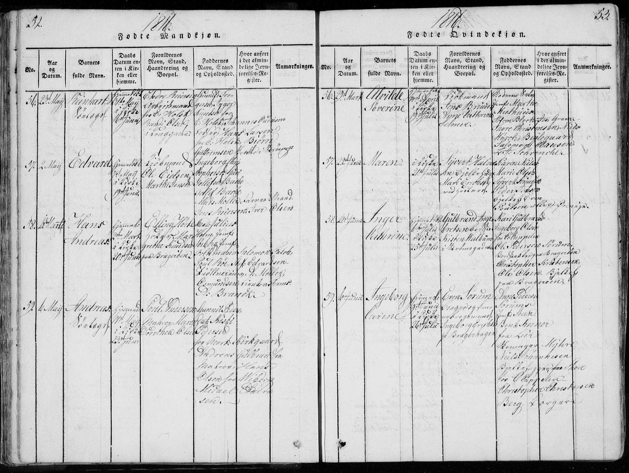 Bragernes kirkebøker, SAKO/A-6/F/Fa/L0007: Ministerialbok nr. I 7, 1815-1829, s. 52-53