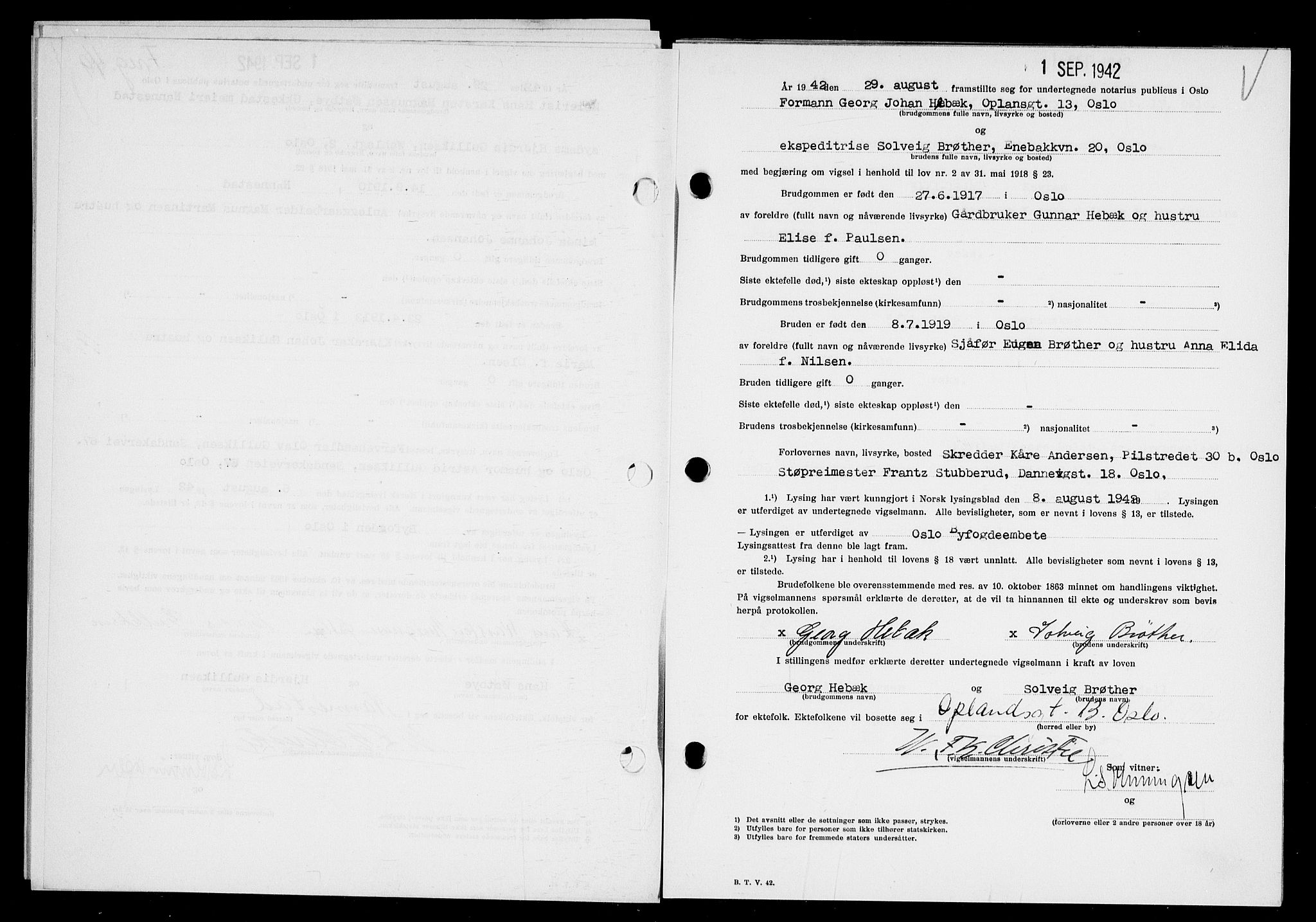 Oslo byfogd avd. I, AV/SAO-A-10220/L/Lb/Lbb/L0041: Notarialprotokoll, rekke II: Vigsler, 1942