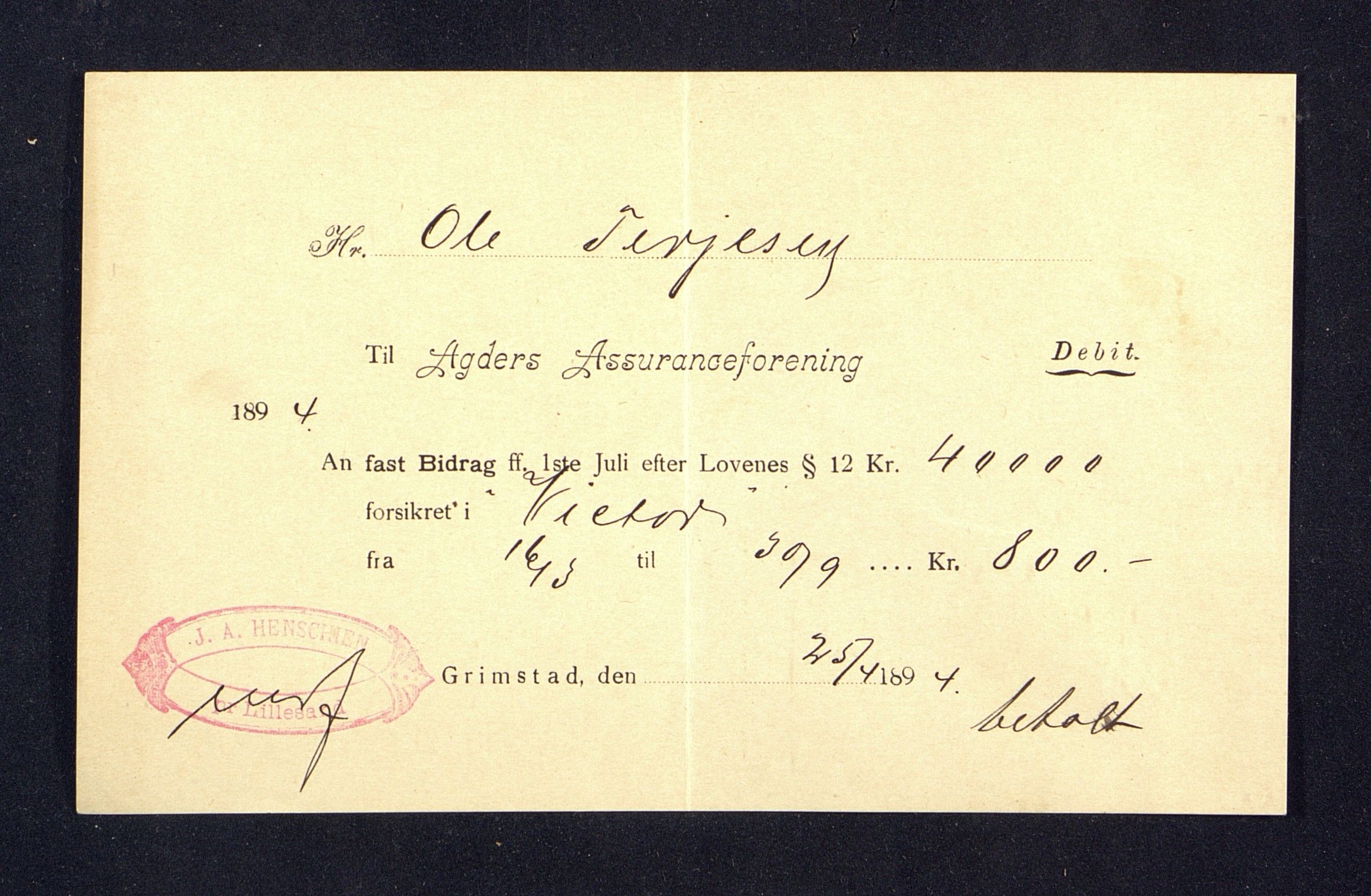 O. Terjesens rederi, AAKS/PA-2525/R/R02/L0001: Regnskapsbilag, 1884-1898