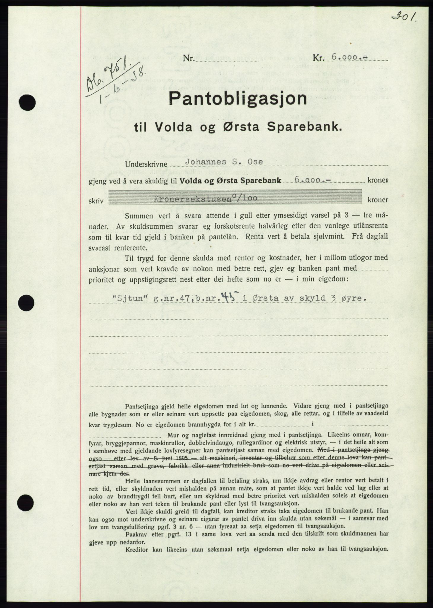 Søre Sunnmøre sorenskriveri, AV/SAT-A-4122/1/2/2C/L0065: Pantebok nr. 59, 1938-1938, Dagboknr: 751/1938