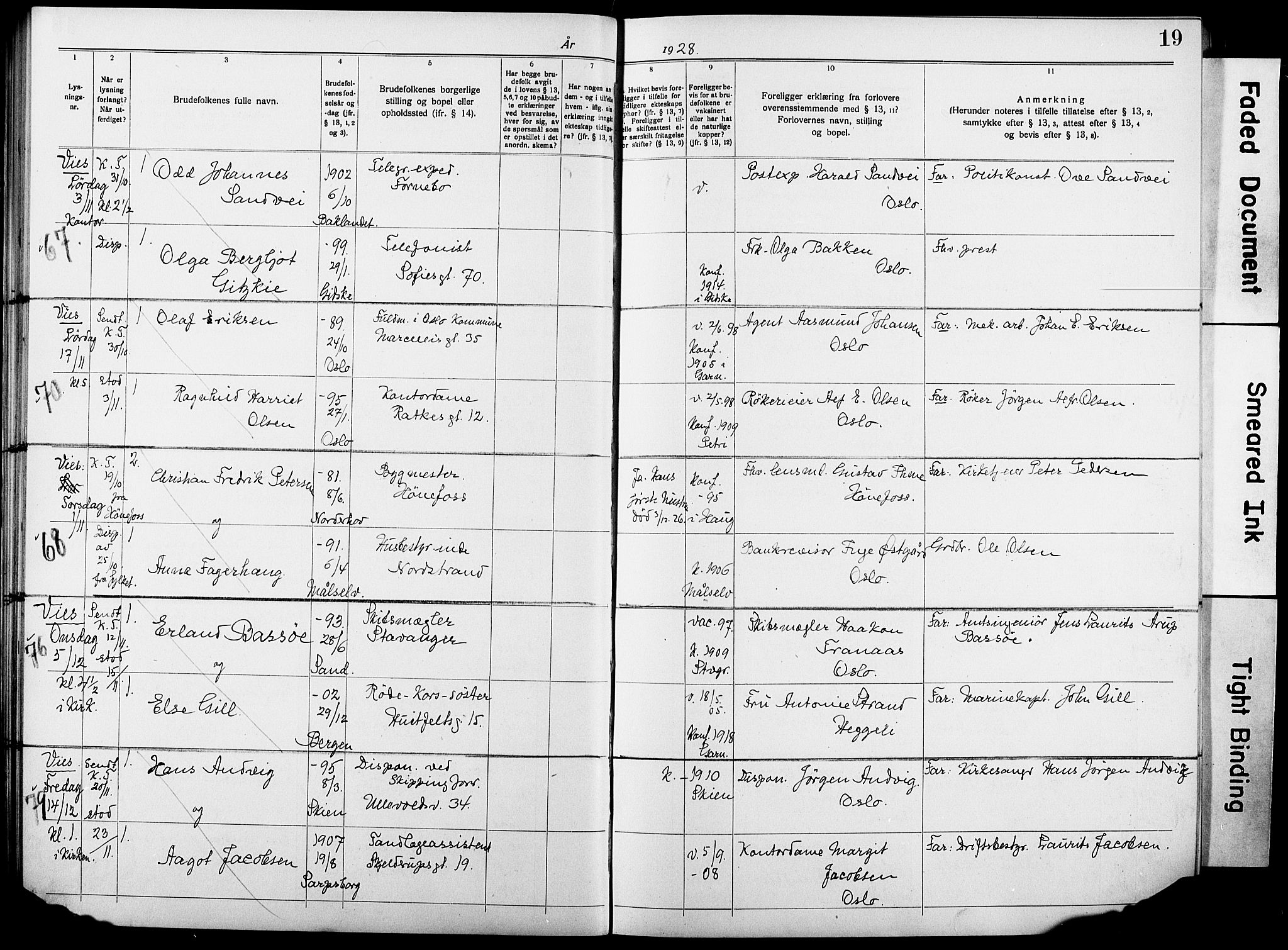 Garnisonsmenigheten Kirkebøker, AV/SAO-A-10846/H/Ha/L0010: Lysningsprotokoll nr. I 10, 1922-1932, s. 19