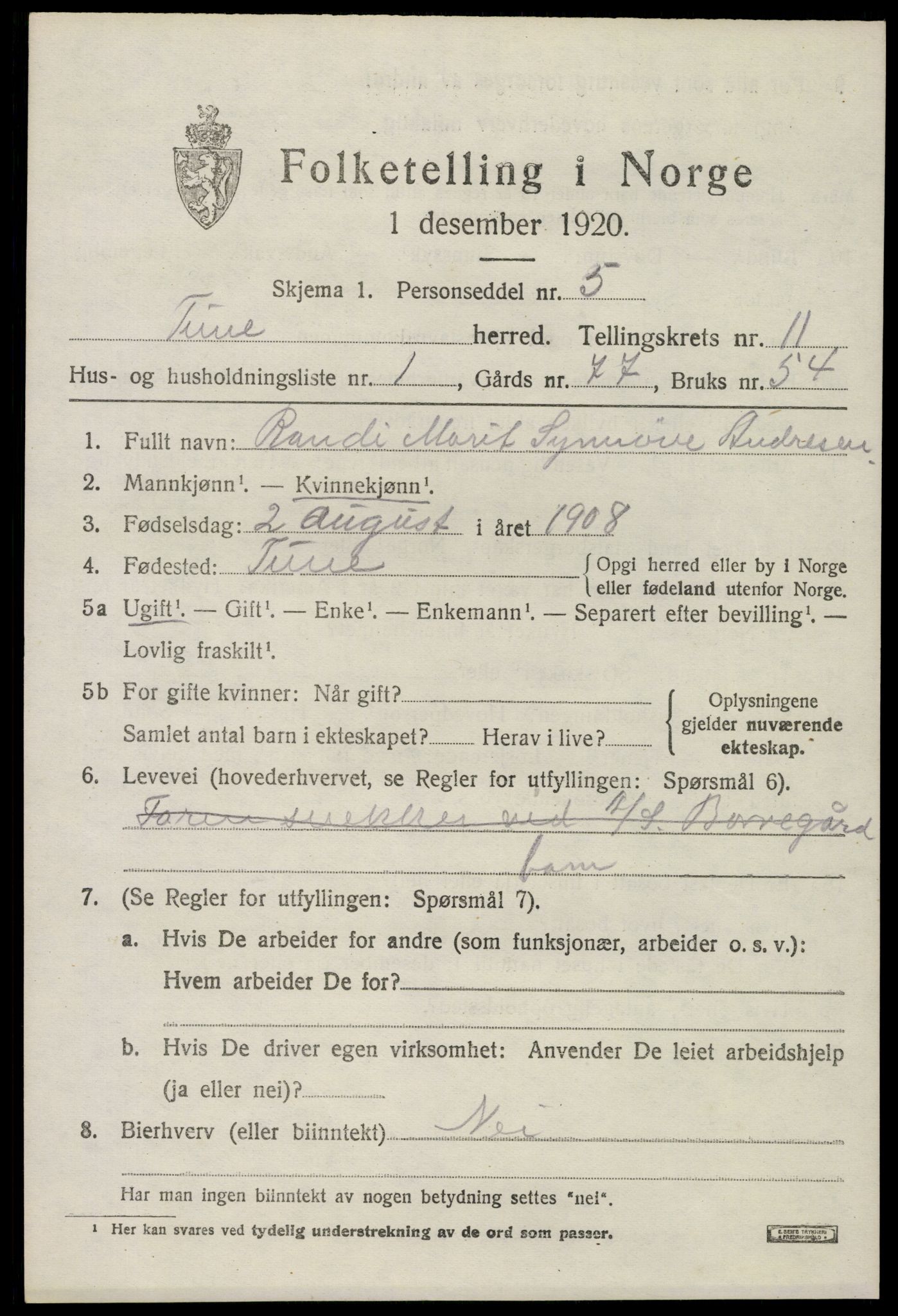 SAO, Folketelling 1920 for 0130 Tune herred, 1920, s. 14042