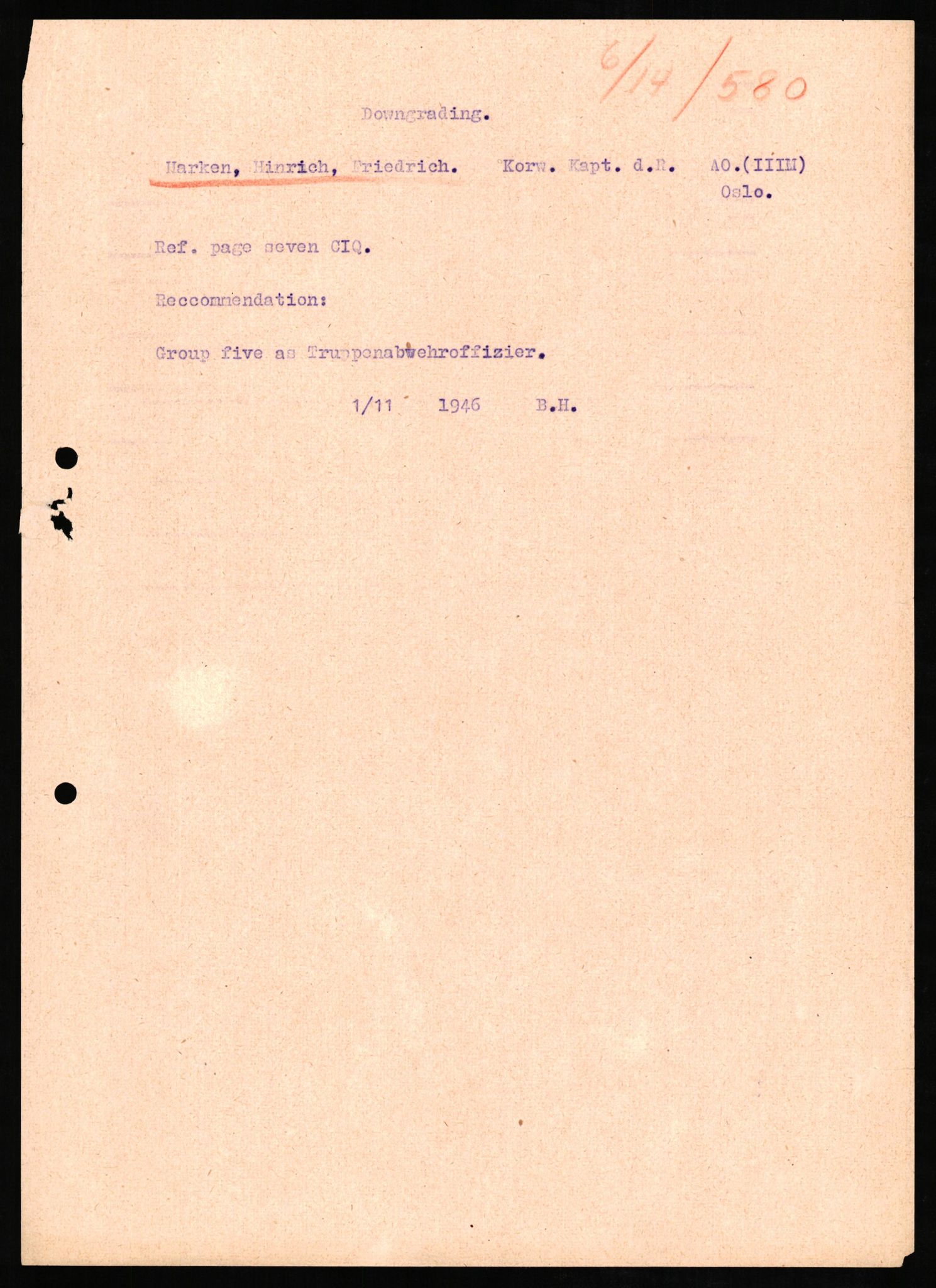 Forsvaret, Forsvarets overkommando II, AV/RA-RAFA-3915/D/Db/L0012: CI Questionaires. Tyske okkupasjonsstyrker i Norge. Tyskere., 1945-1946, s. 37