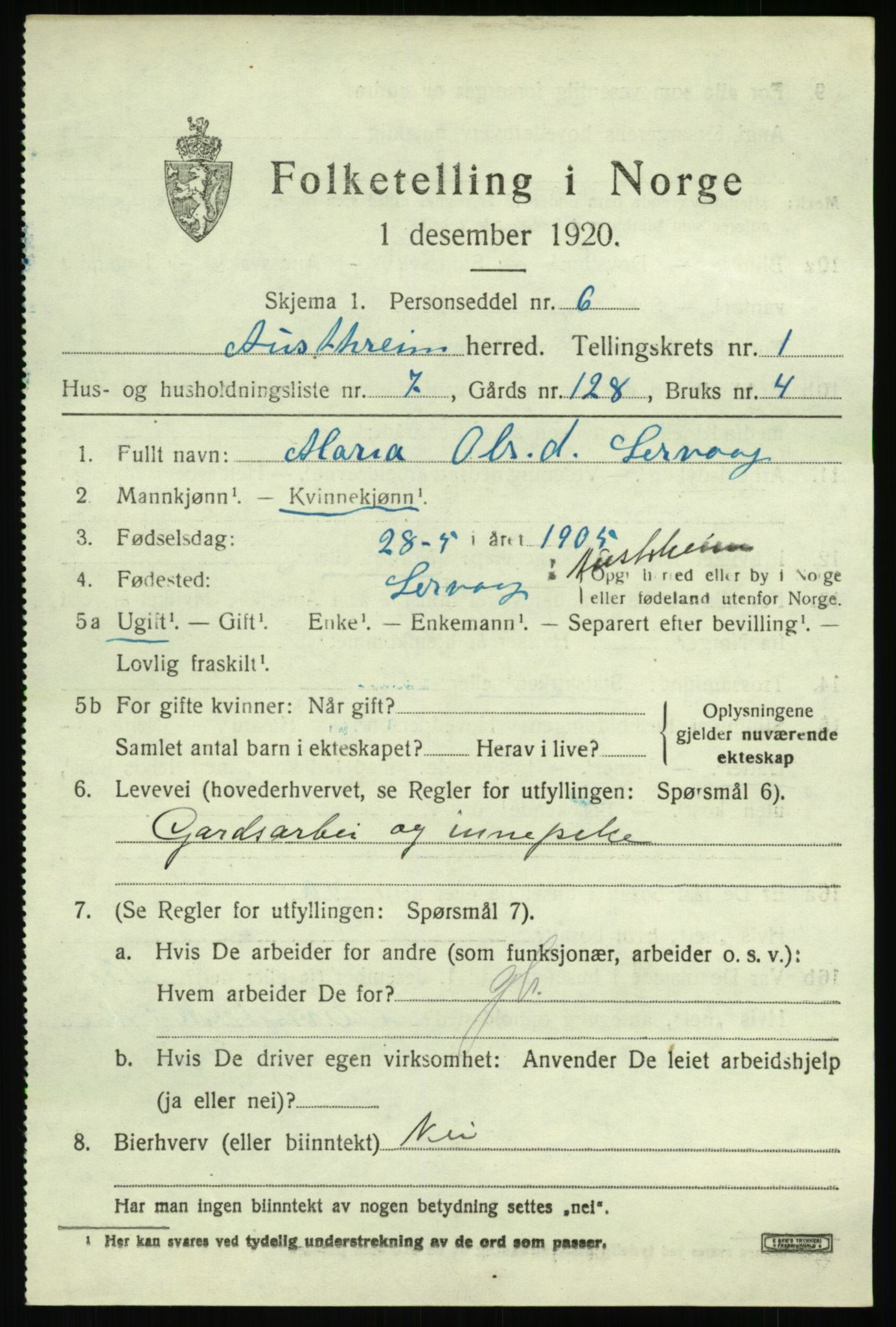 SAB, Folketelling 1920 for 1264 Austrheim herred, 1920, s. 1052