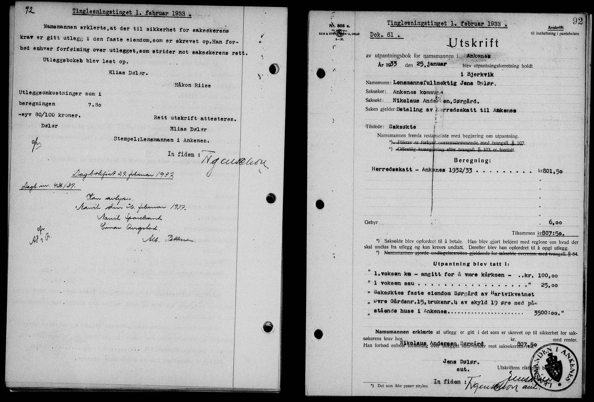 Steigen og Ofoten sorenskriveri, AV/SAT-A-0030/1/2/2C/L0022/0001: Pantebok nr. 25-II og 26-I, 1932-1933, Tingl.dato: 01.02.1933