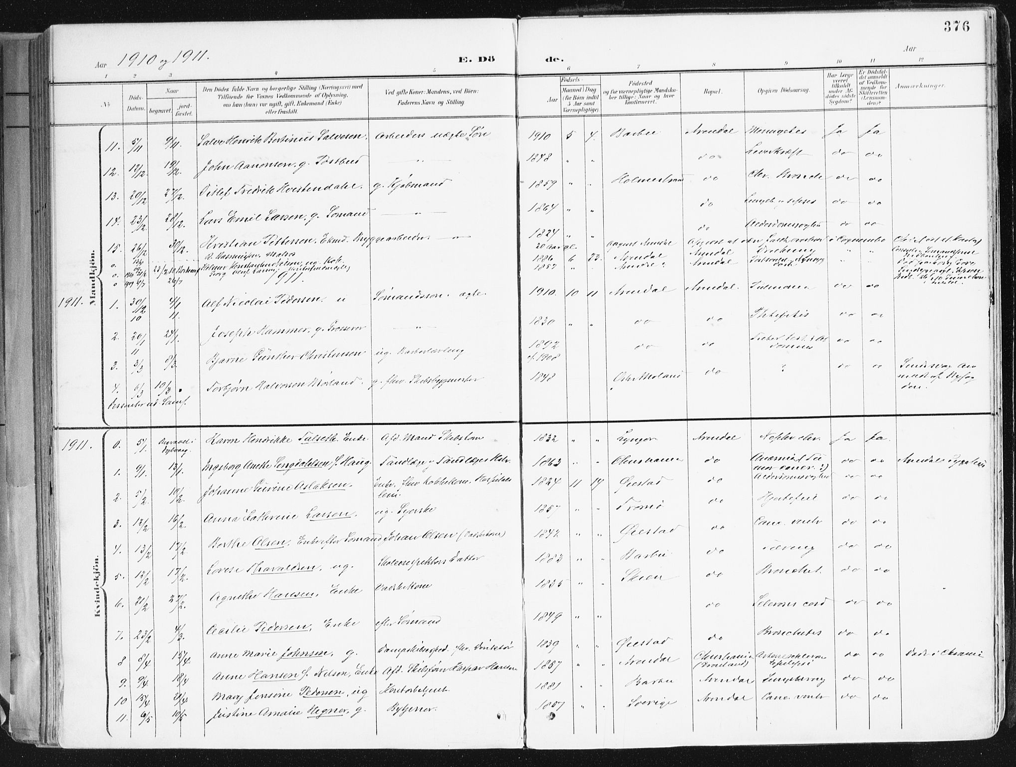 Arendal sokneprestkontor, Trefoldighet, AV/SAK-1111-0040/F/Fa/L0010: Ministerialbok nr. A 10, 1900-1919, s. 376