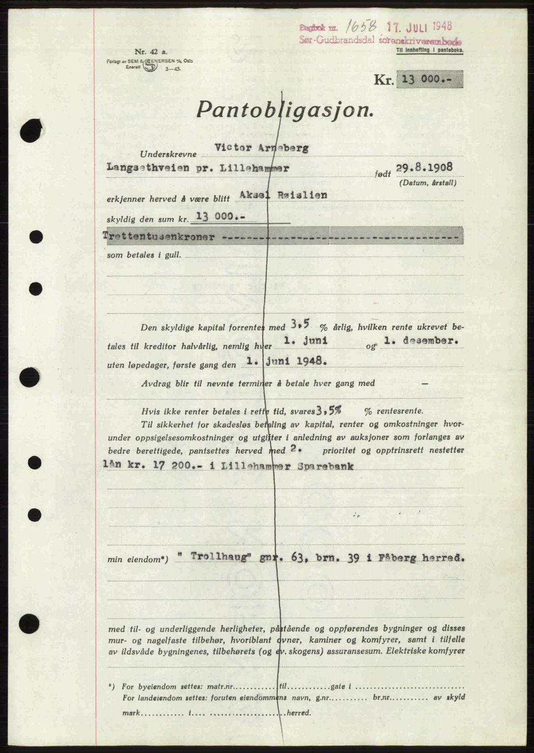 Sør-Gudbrandsdal tingrett, SAH/TING-004/H/Hb/Hbe/L0003: Pantebok nr. B3, 1943-1948, Dagboknr: 1658/1948