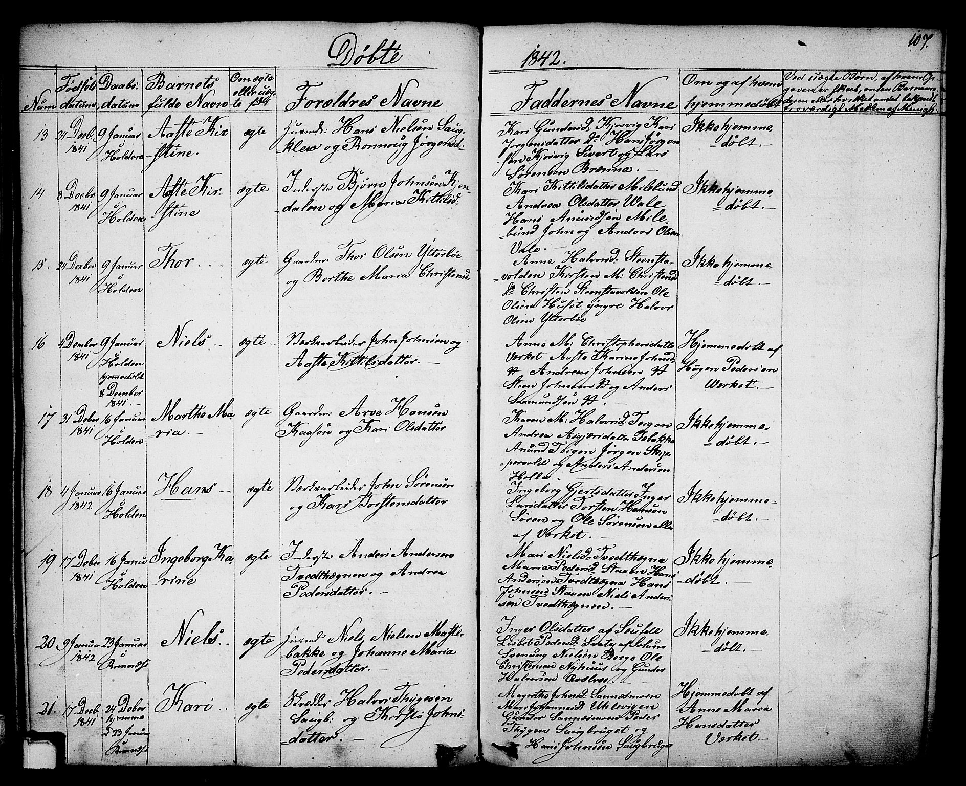 Holla kirkebøker, AV/SAKO-A-272/F/Fa/L0004: Ministerialbok nr. 4, 1830-1848, s. 107