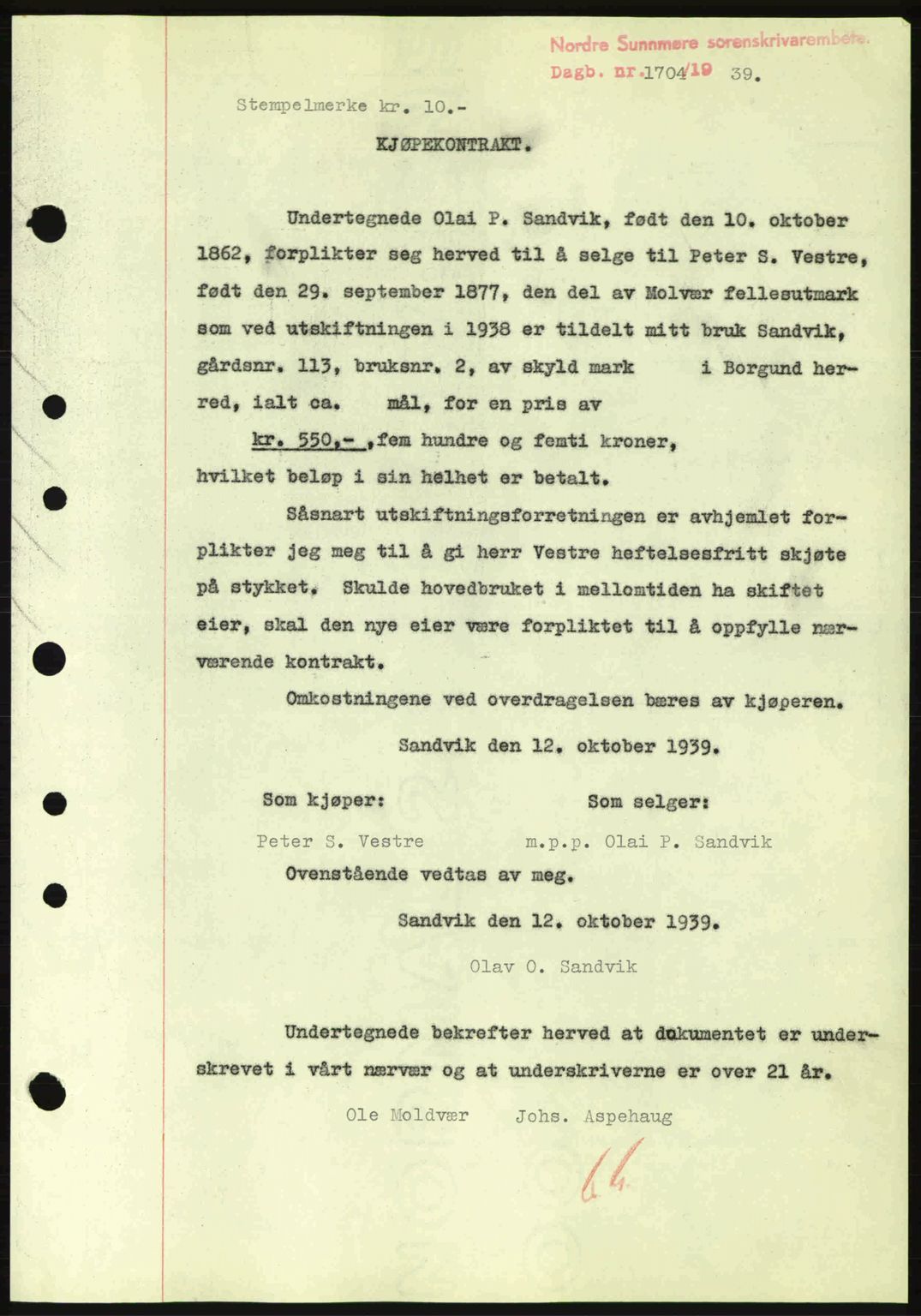 Nordre Sunnmøre sorenskriveri, SAT/A-0006/1/2/2C/2Ca: Pantebok nr. A7, 1939-1939, Dagboknr: 1704/1939