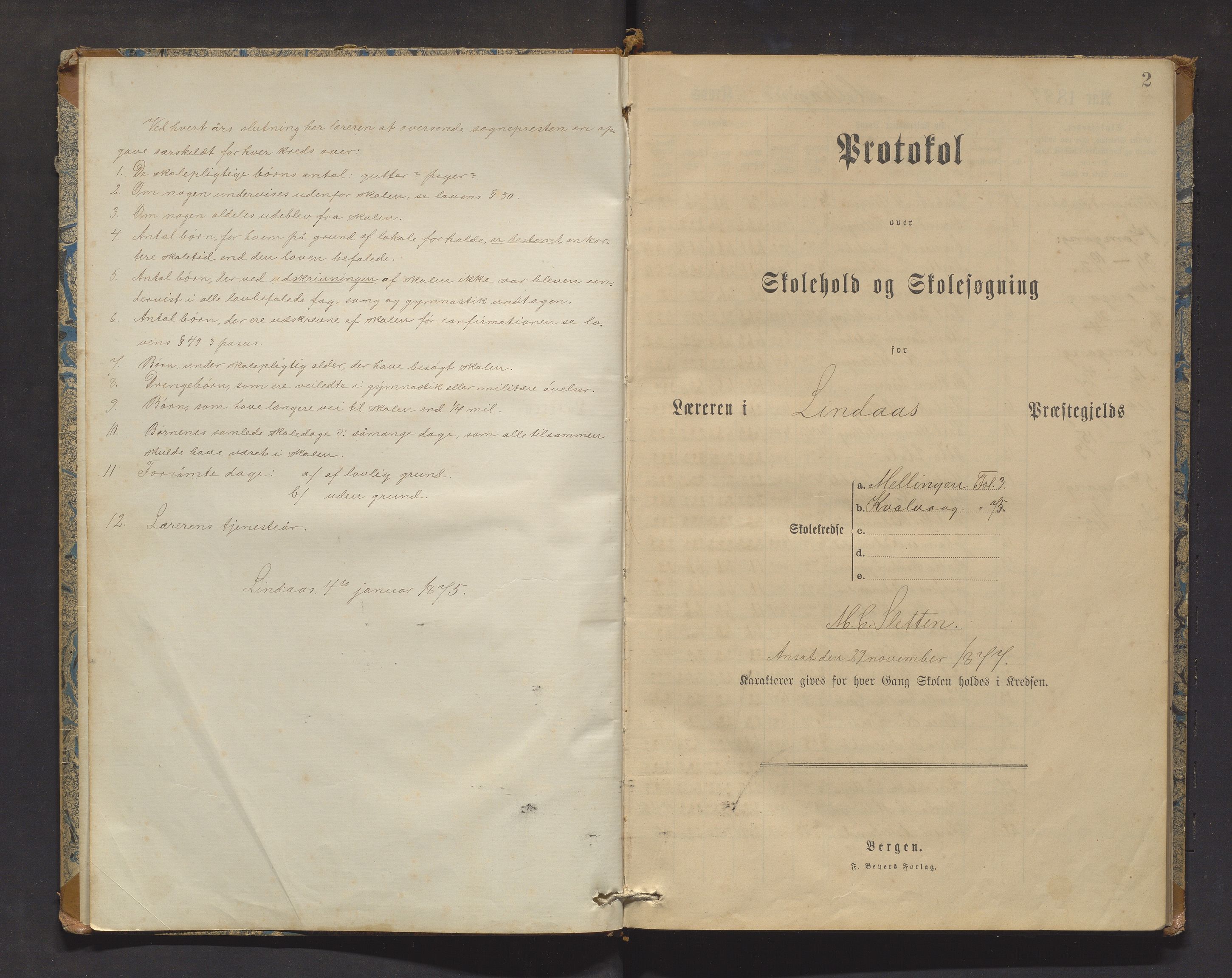 Lindås kommune. Barneskulane, IKAH/1263-231/F/Fa/L0045: Skuleprotokoll for Mellingen og Kvalvåg krinsar, 1887-1903